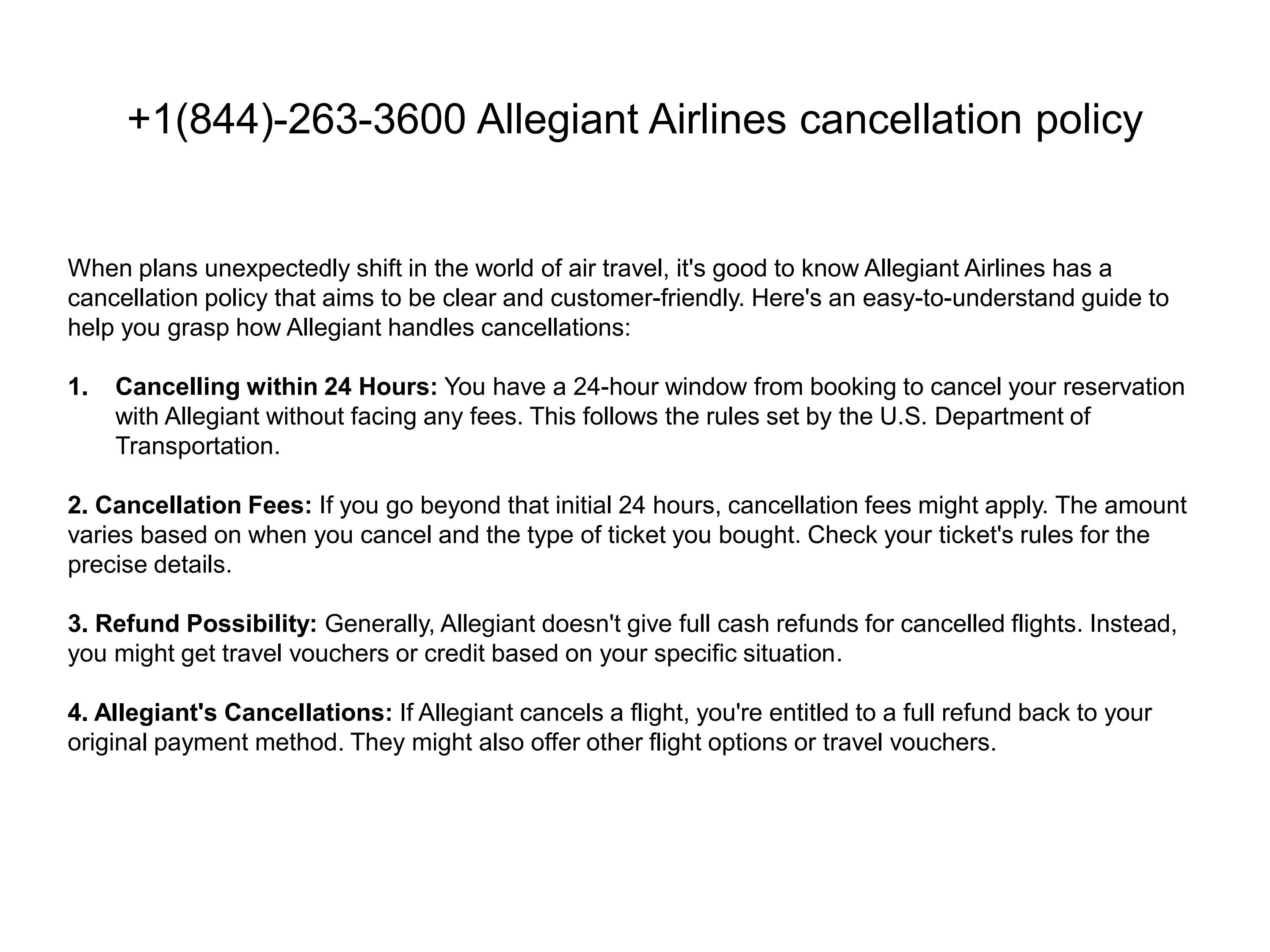 +1(844)2633600 Allegiant Airlines cancellation policy by Allegiant