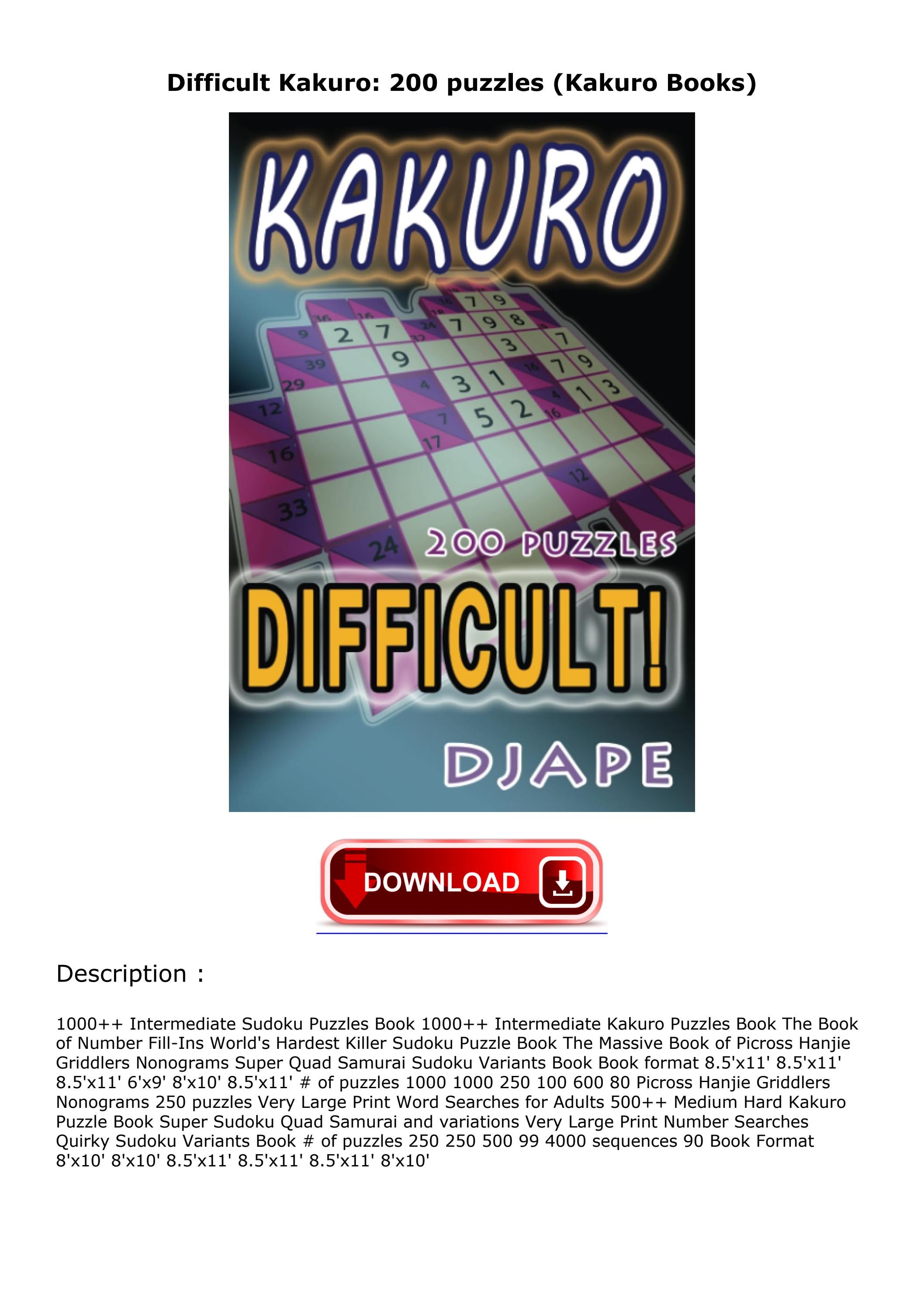 DOWNLOAD [PDF] Difficult Kakuro: 200 puzzles (Kakuro Books) download by ...