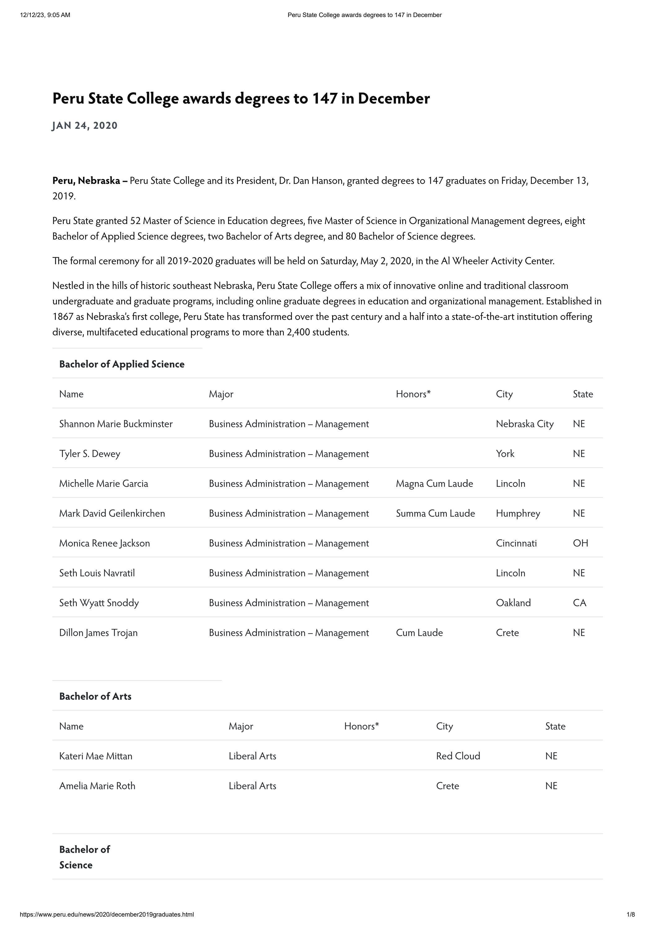 2020 Peru State College Online Press Releases by Peru State College