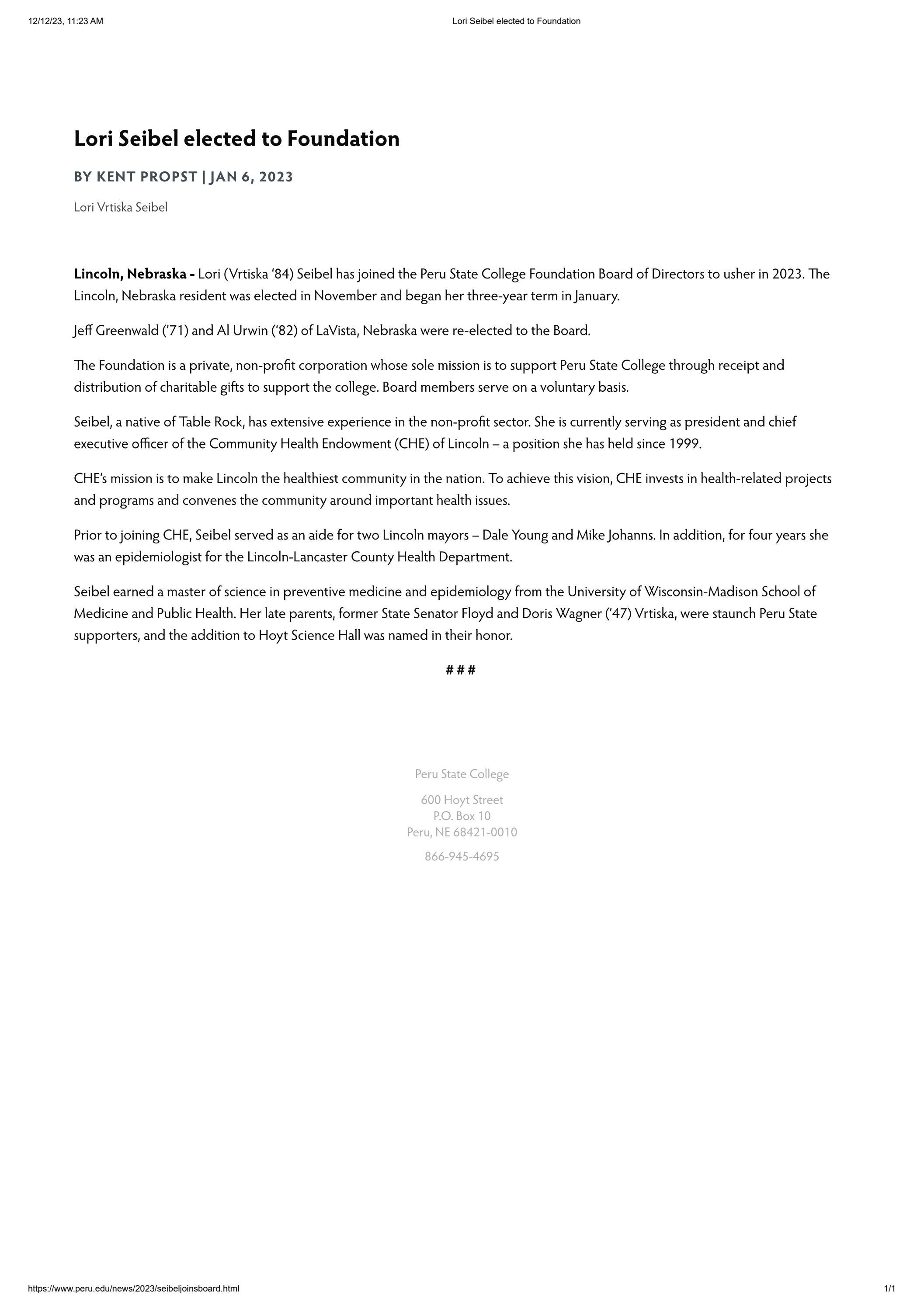 2023 Peru State College Online Press Releases by Peru State College