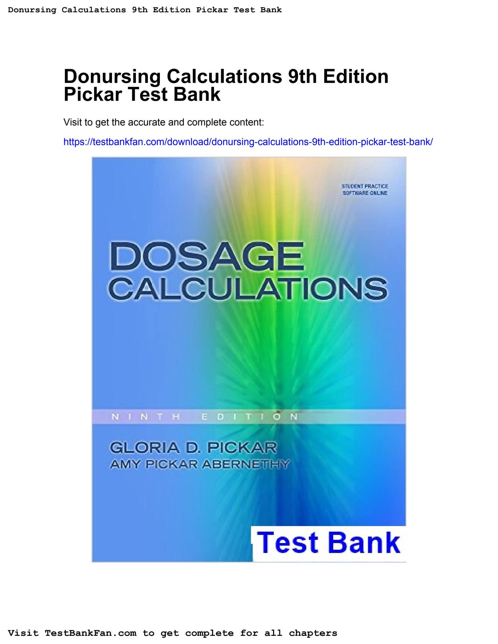 Full_download_donursing calculations 9th edition pickar test bank by ...