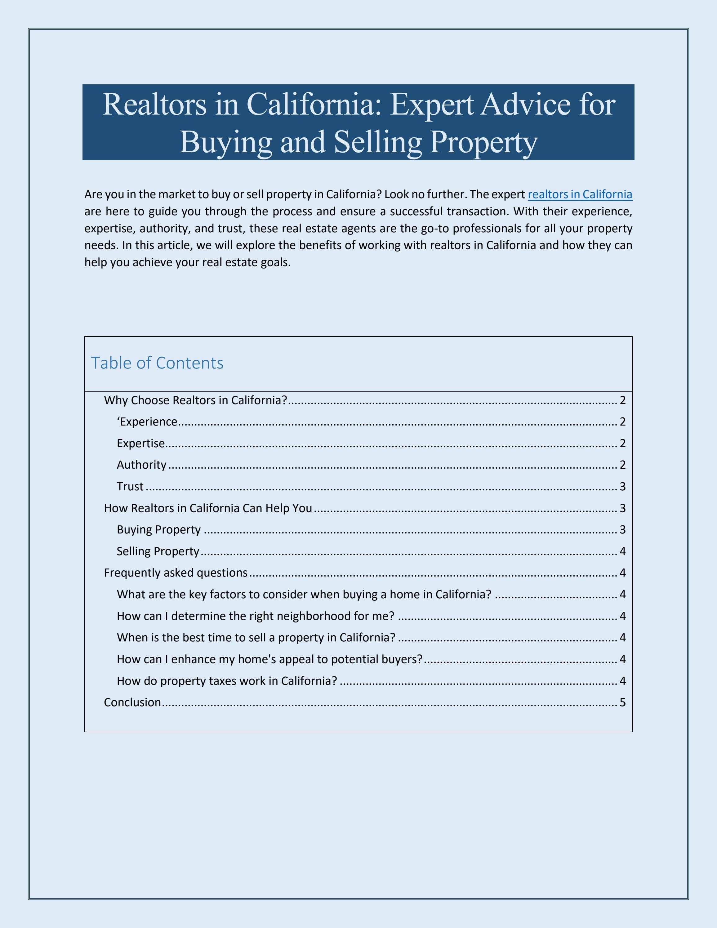 Realtors in California Expert Advice for Buying and Selling Property