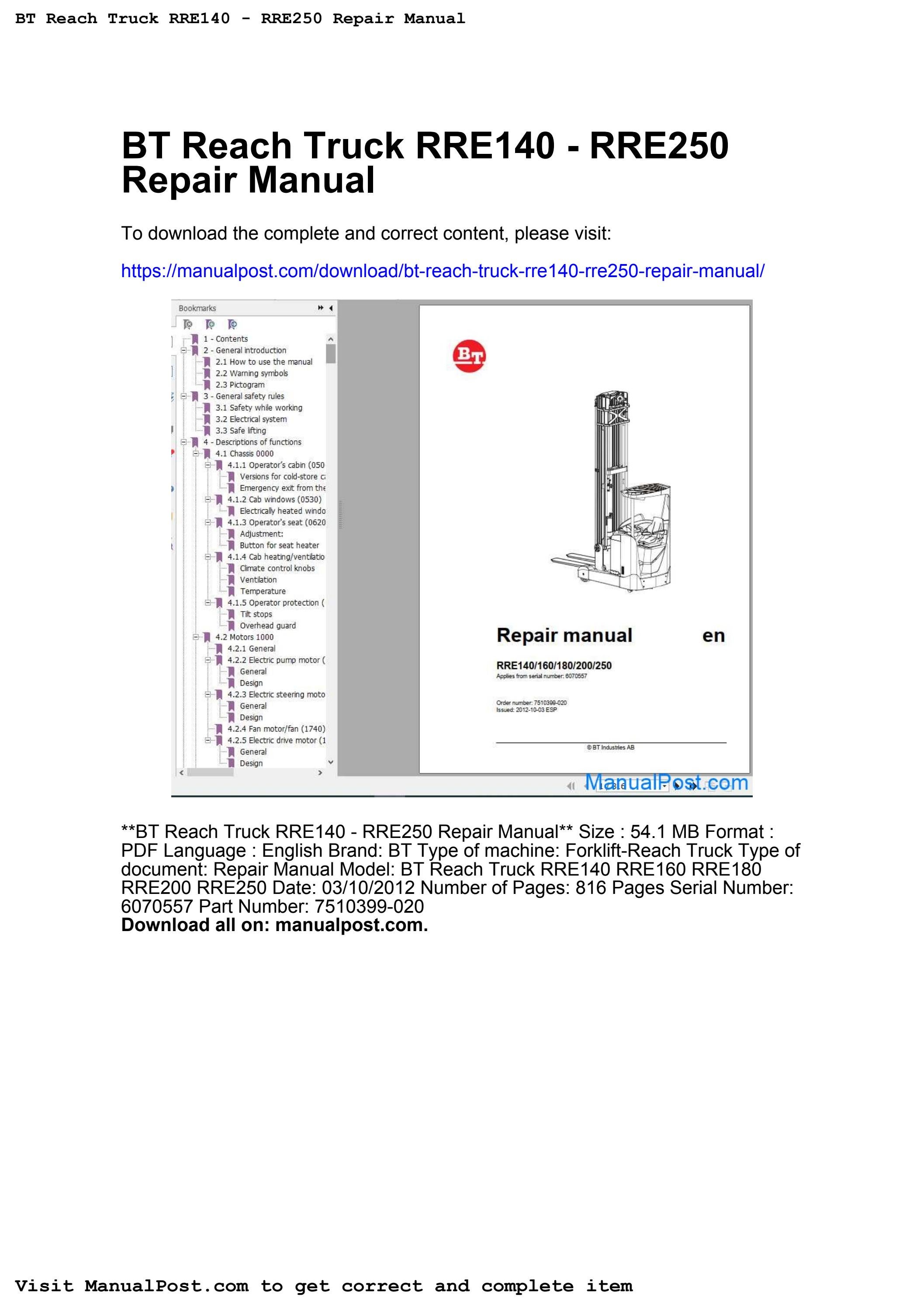Bt reach truck rre140 rre250 repair manual by ruth.white895 - Issuu