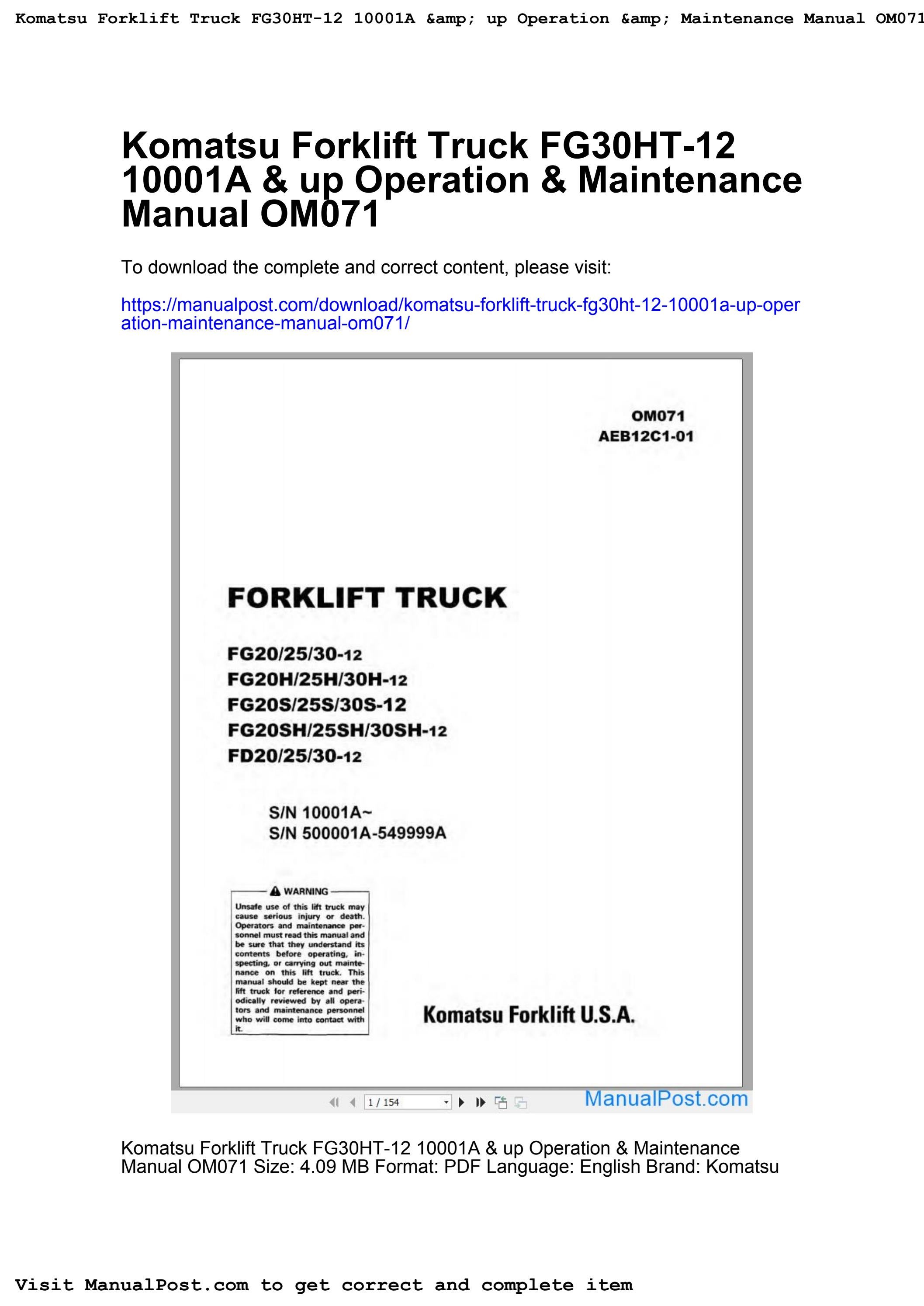 Komatsu forklift truck fg30ht 12 10001a up operation maintenance manual