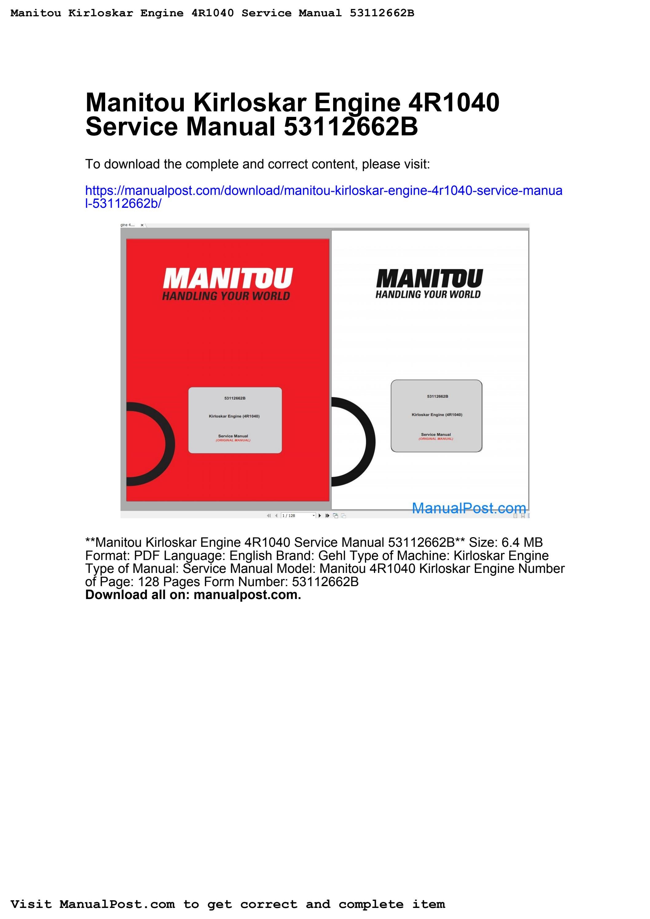 Manitou kirloskar engine 4r1040 service manual 53112662b by david