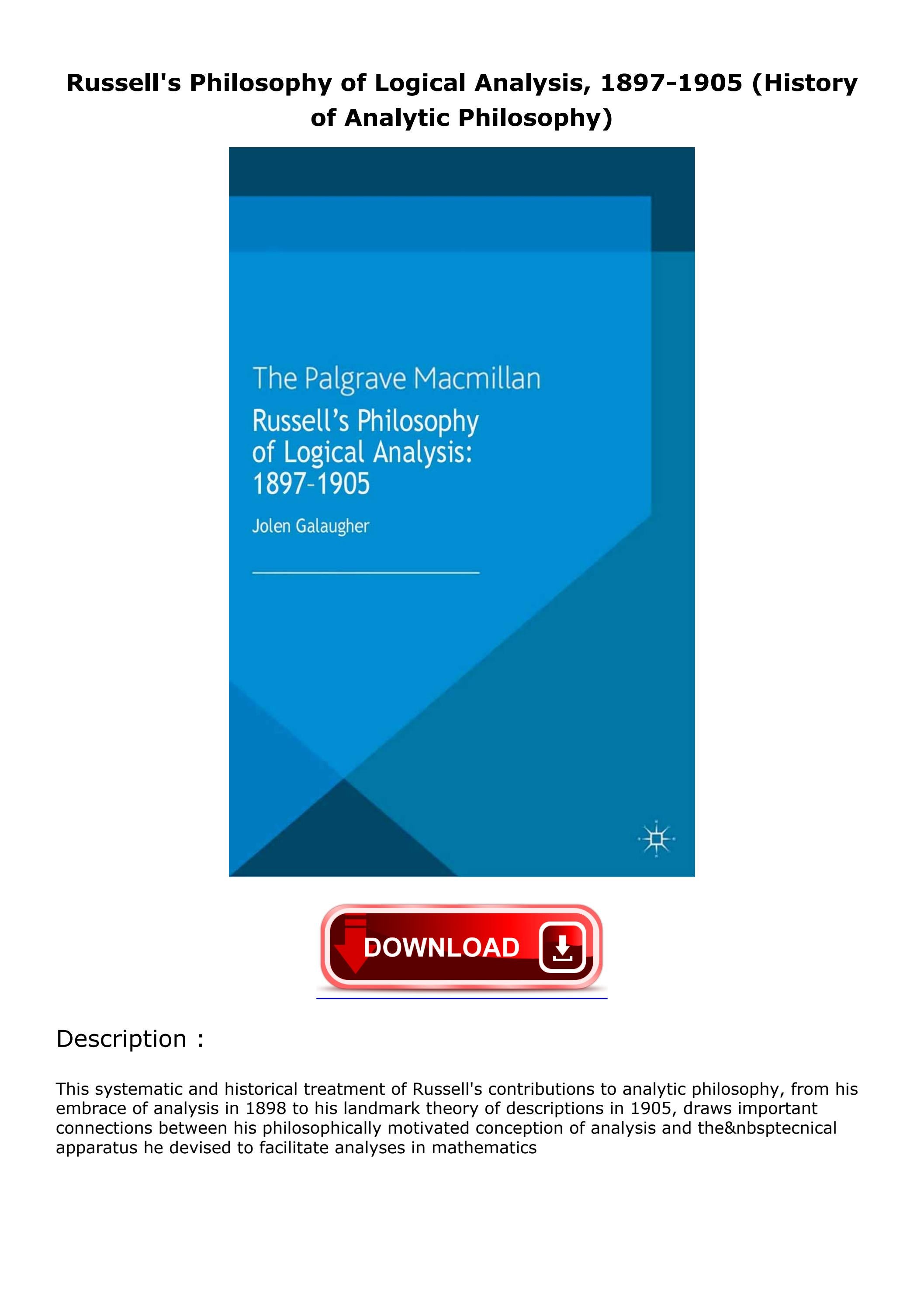 PDF Read Online Russell's Philosophy of Logical Analysis, 18971905 (H