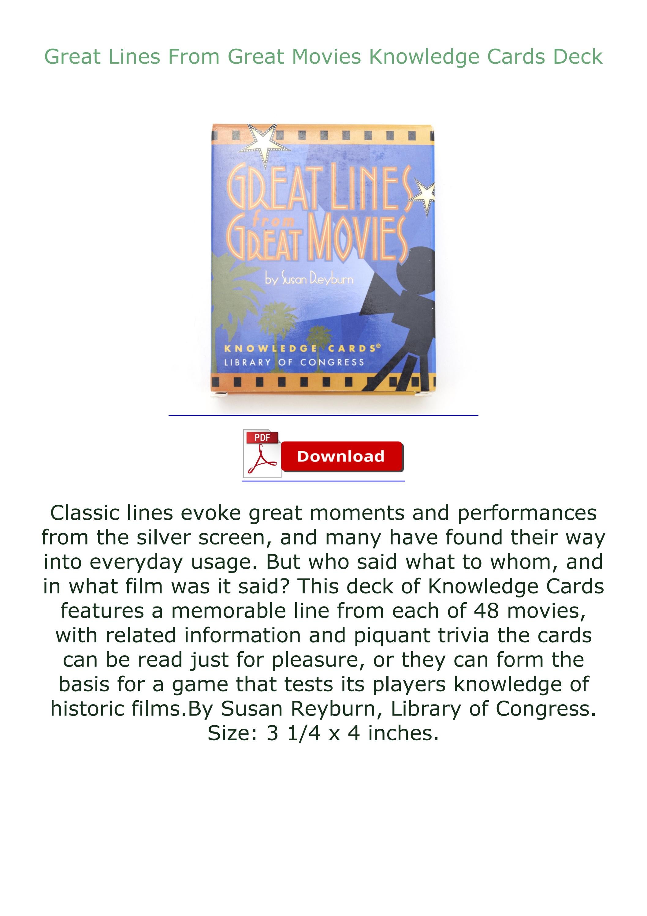FULL EPUB DOWNLOAD Great Lines From Great Movies Knowledge Cards Deck FULL EPUB DOWNLOAD Great Lines From Great Movies Knowledge Cards Deck