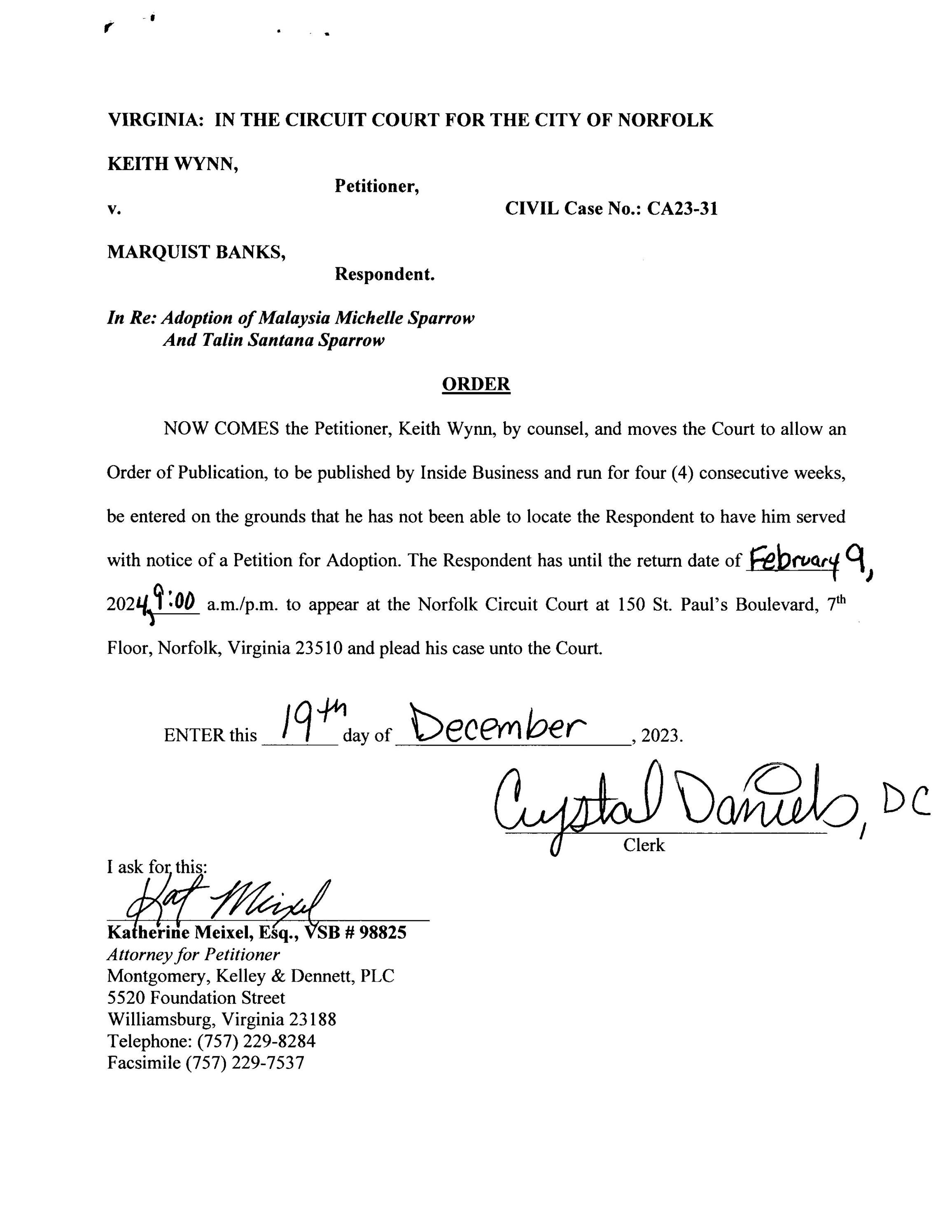 CA2331 ORDER OF PUBLICATION by Norfolk Circuit Court Clerk's Office