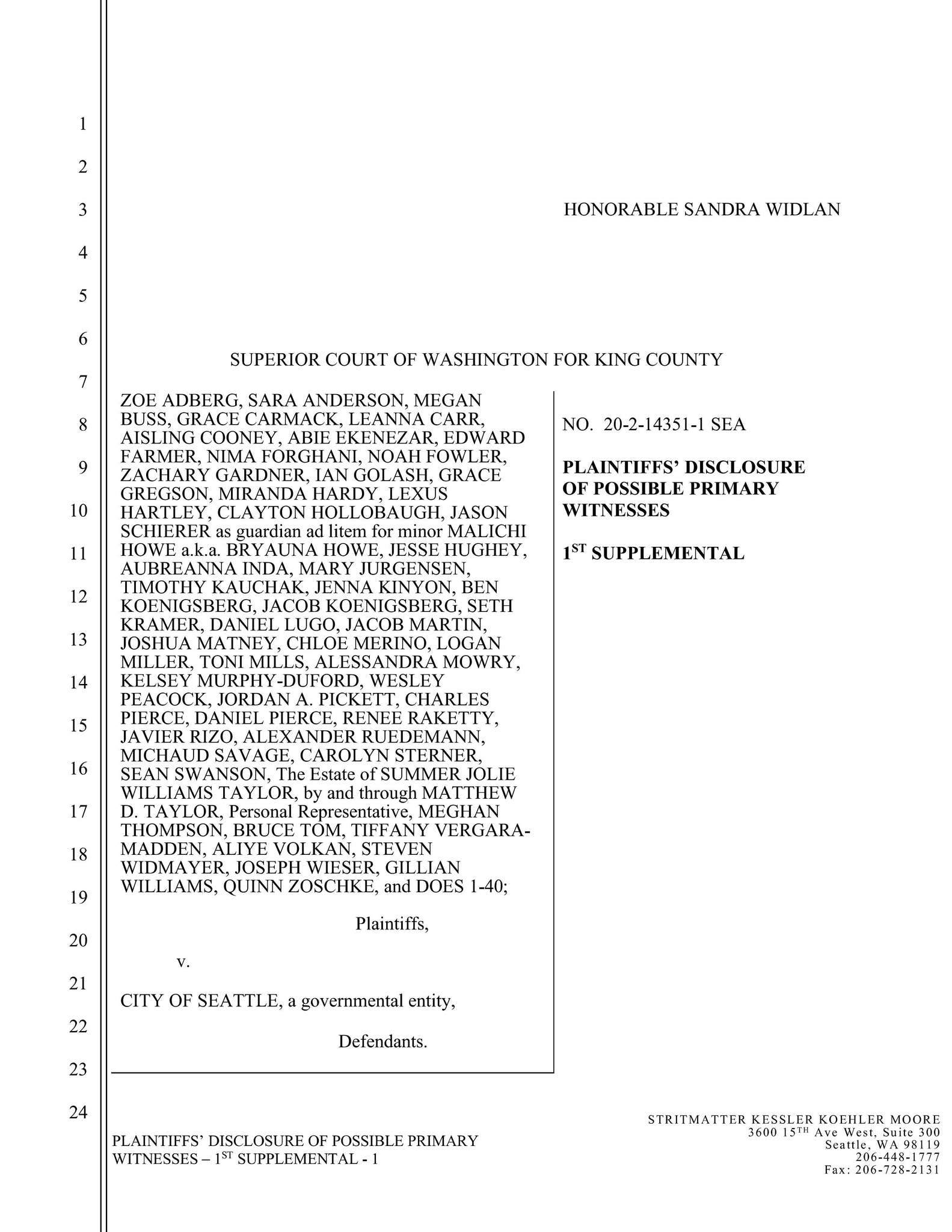 Plaintiffs Disclosure Example Plaintiff's Disclosure of Possible Primary Witnesses by Stritmatter Law ...
