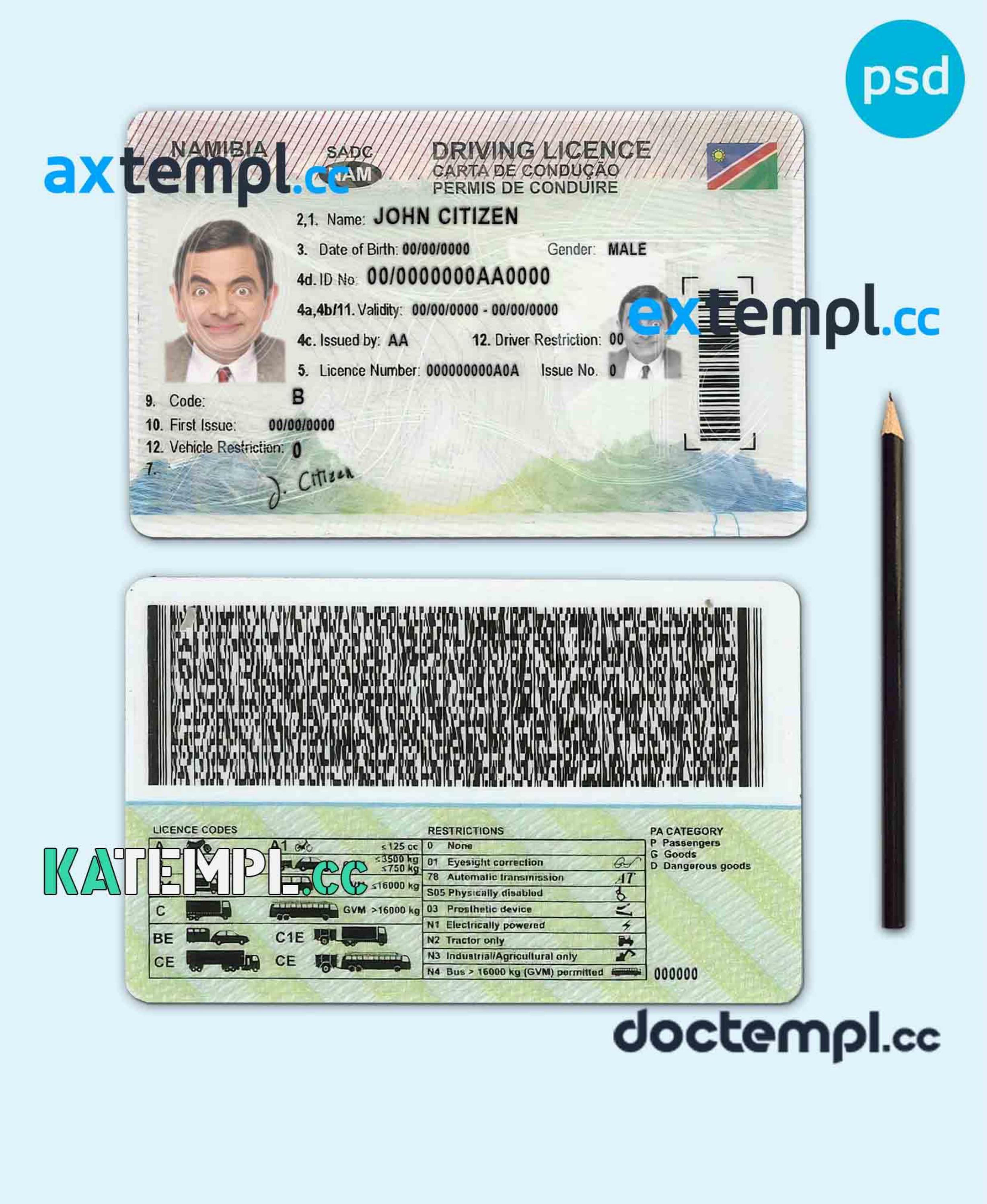 sample Namibia driving license template in PSD format, fully editable ...