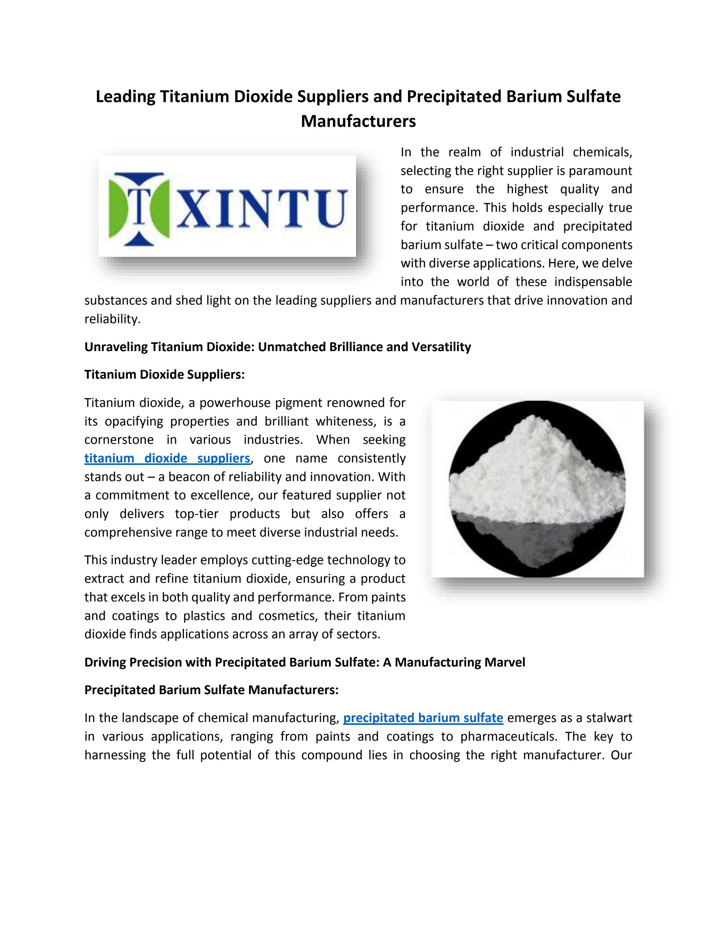 Leading Titanium Dioxide Suppliers and Precipitated Barium Sulfate