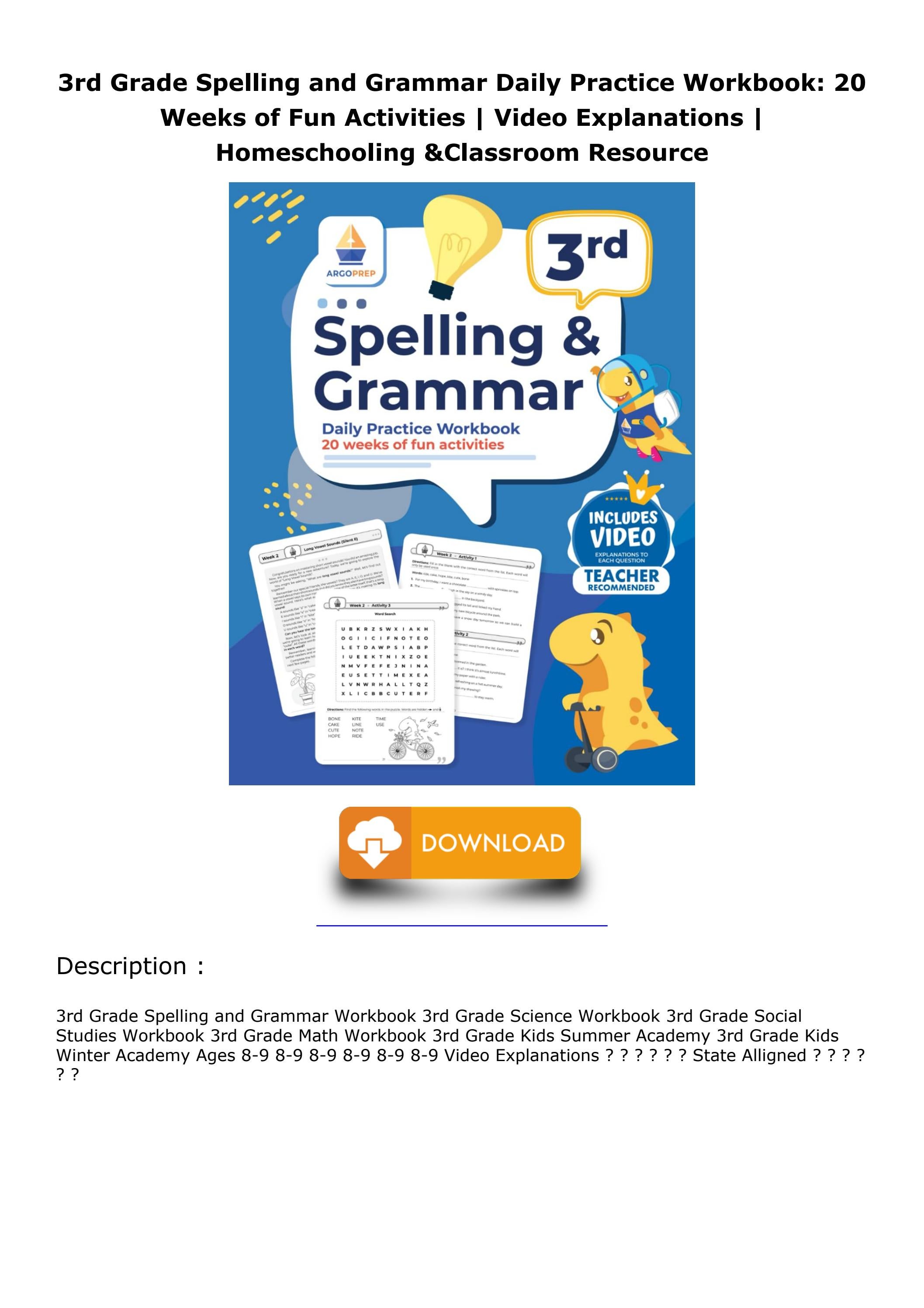 ⚡EPUB DOWNLOAD⭐ 3rd Grade Spelling and Grammar Daily Practice Workbook ...