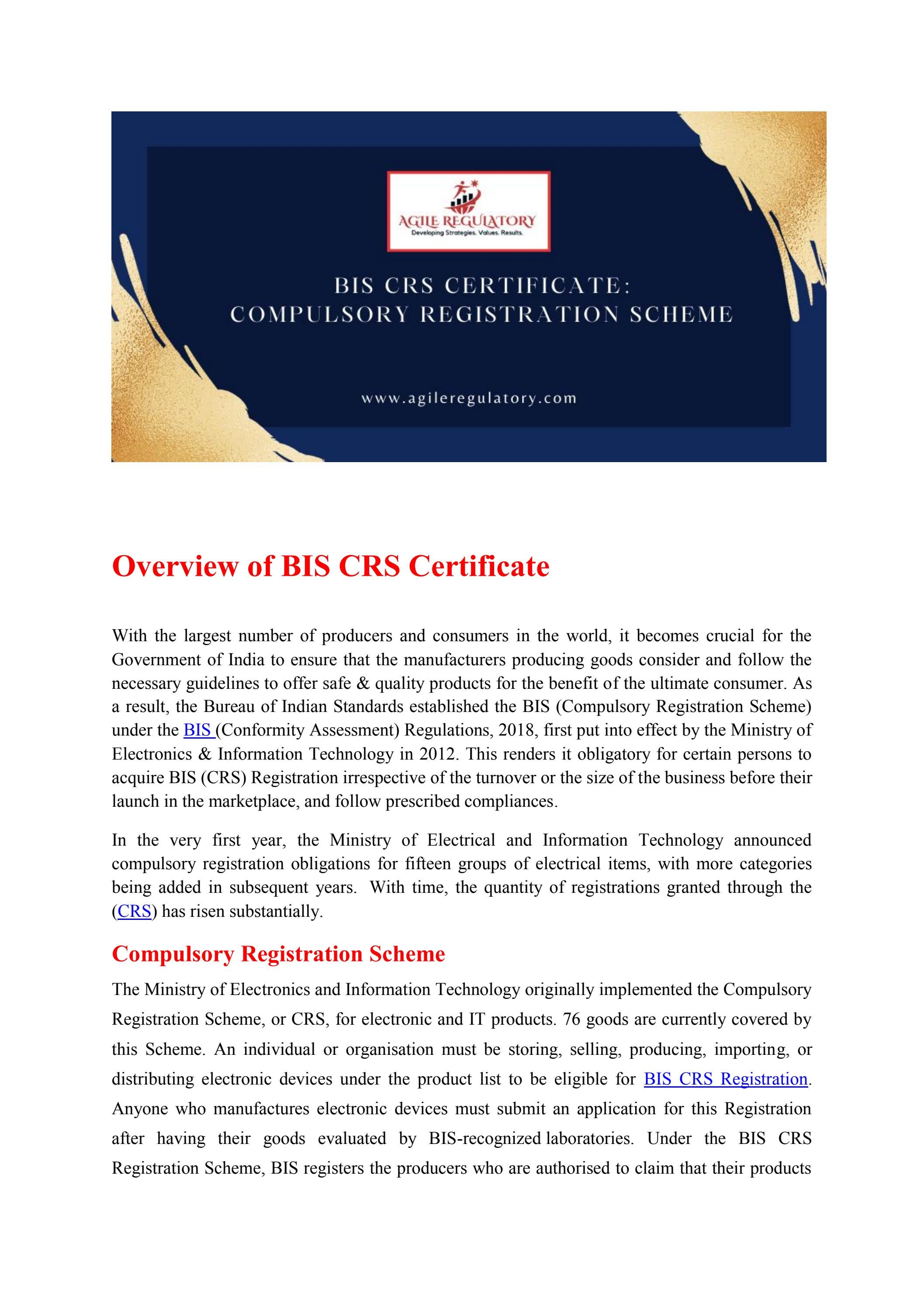 BIS CRS CERTIFICATE | COMPULSORY REGISTRATION SCHEME by prashant singh ...