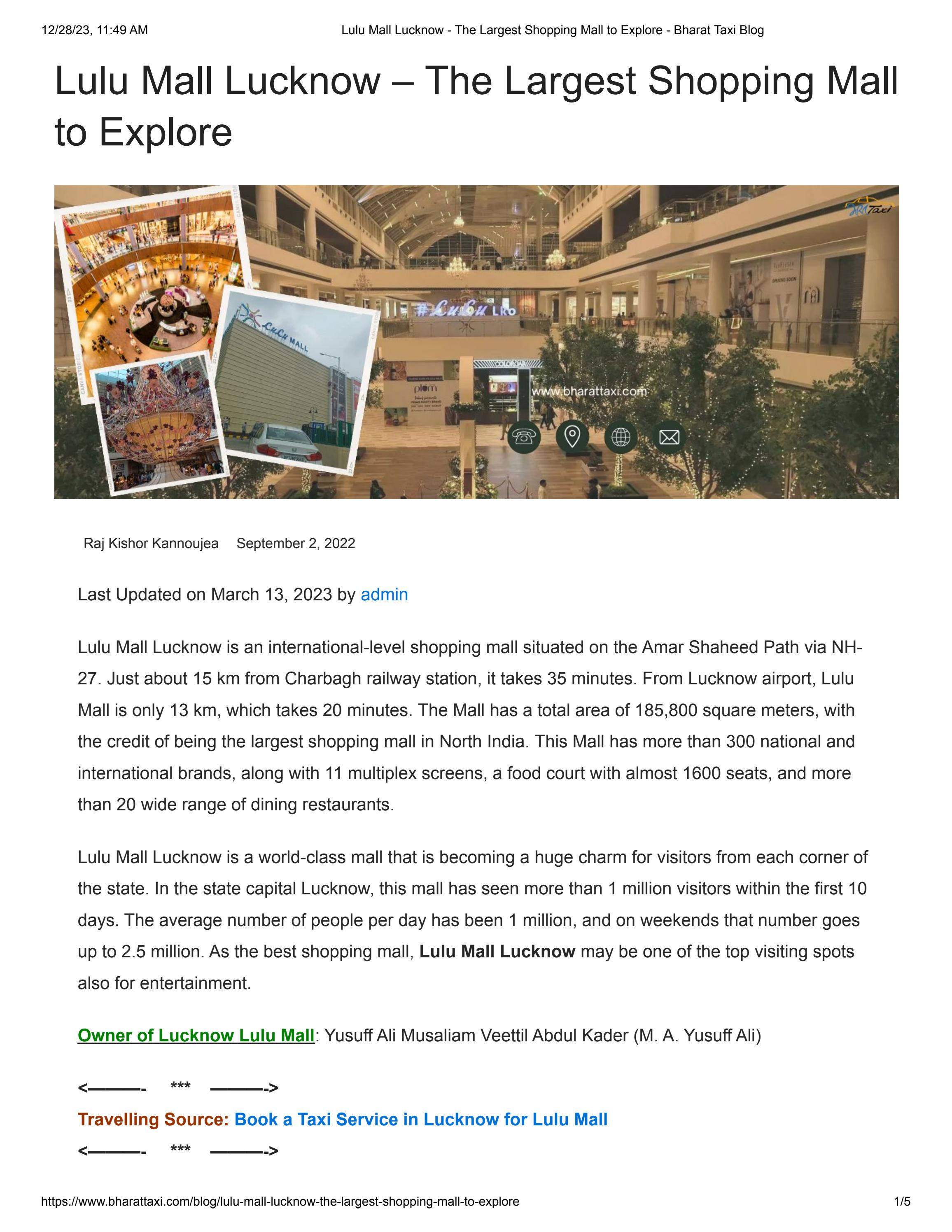 Lulu Mall Lucknow The Largest Shopping Mall to Explore Bharat Taxi