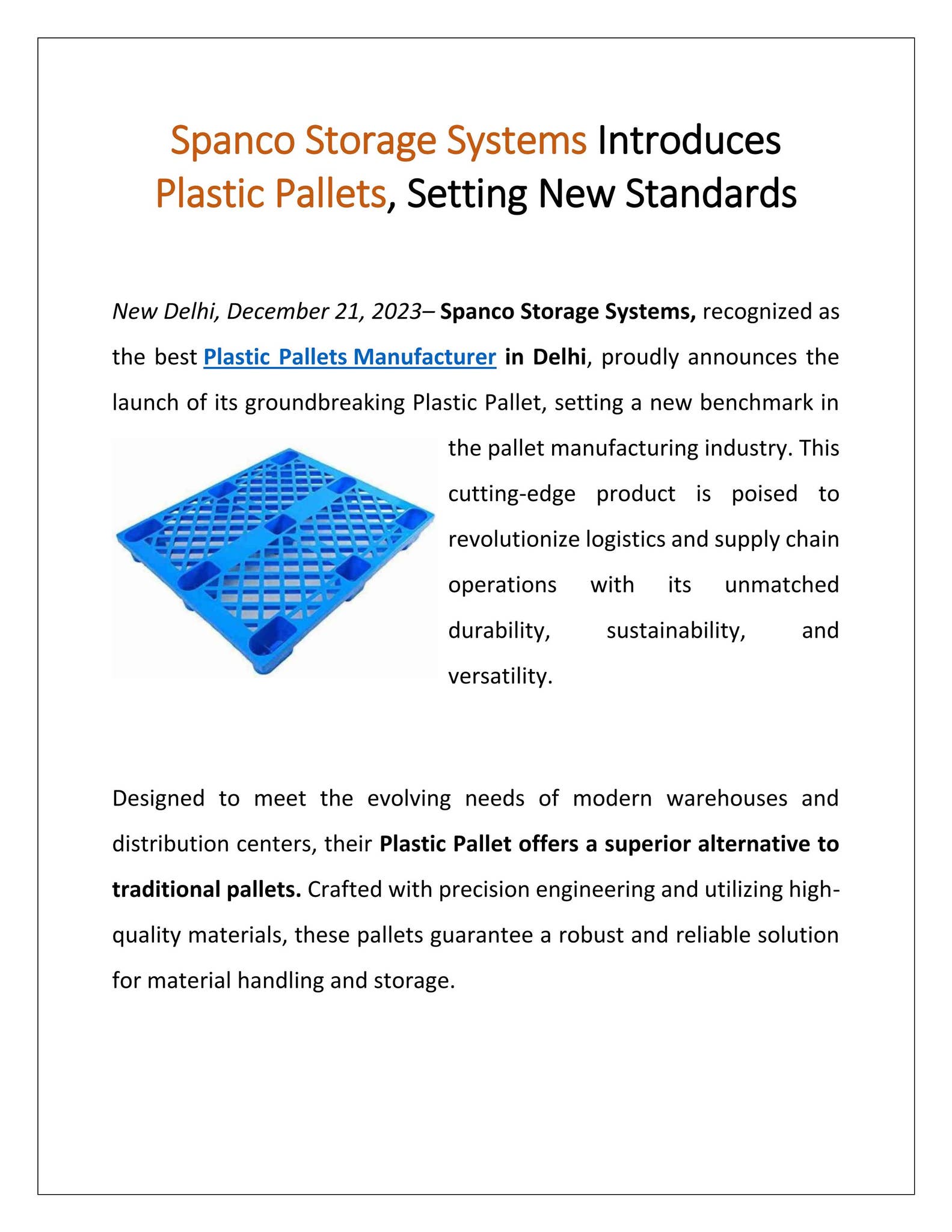 Plastic Pallet Manufactures in Delhi - Spanco Storage Systems by Spanco ...