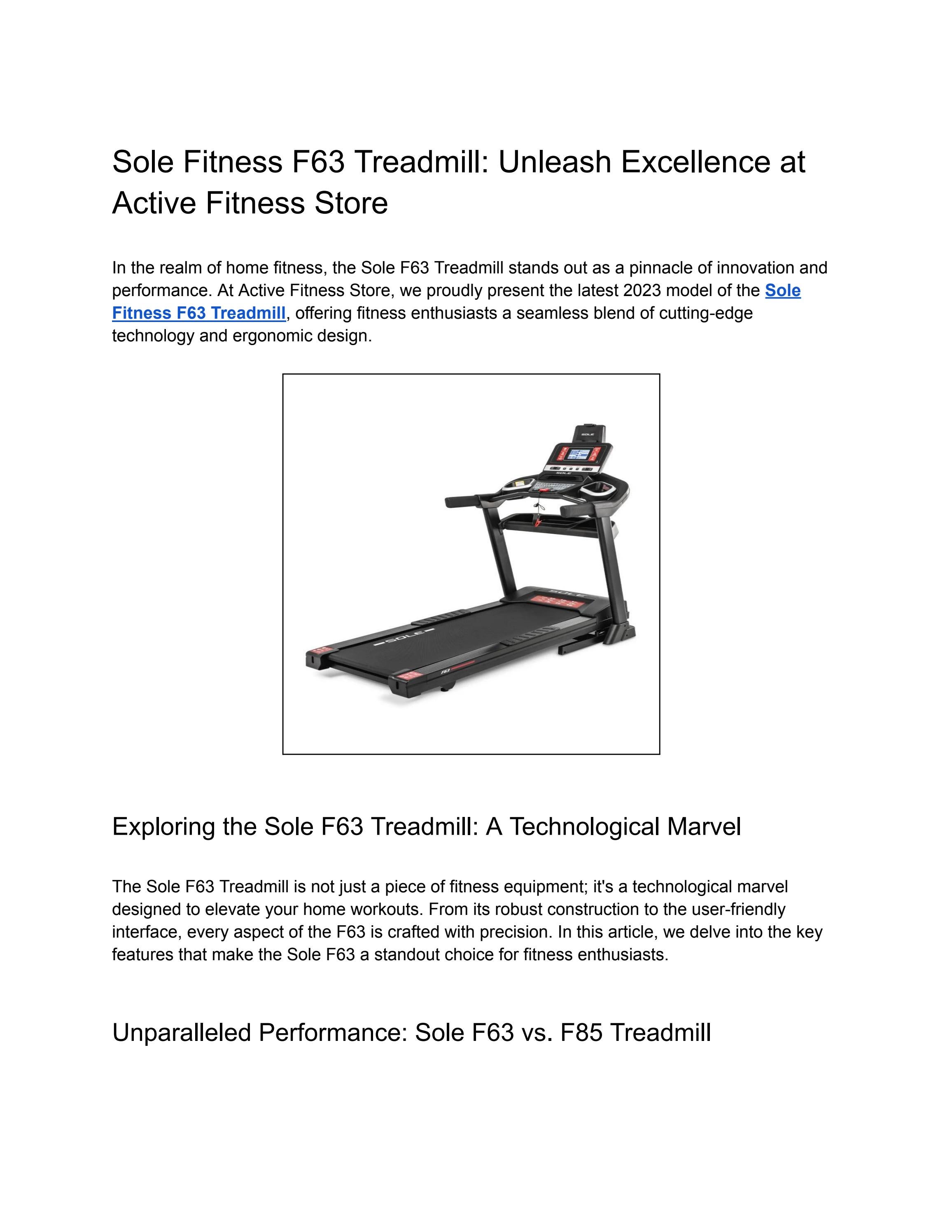 Sole Fitness F63 Treadmill Unleash Excellence at Active Fitness Store