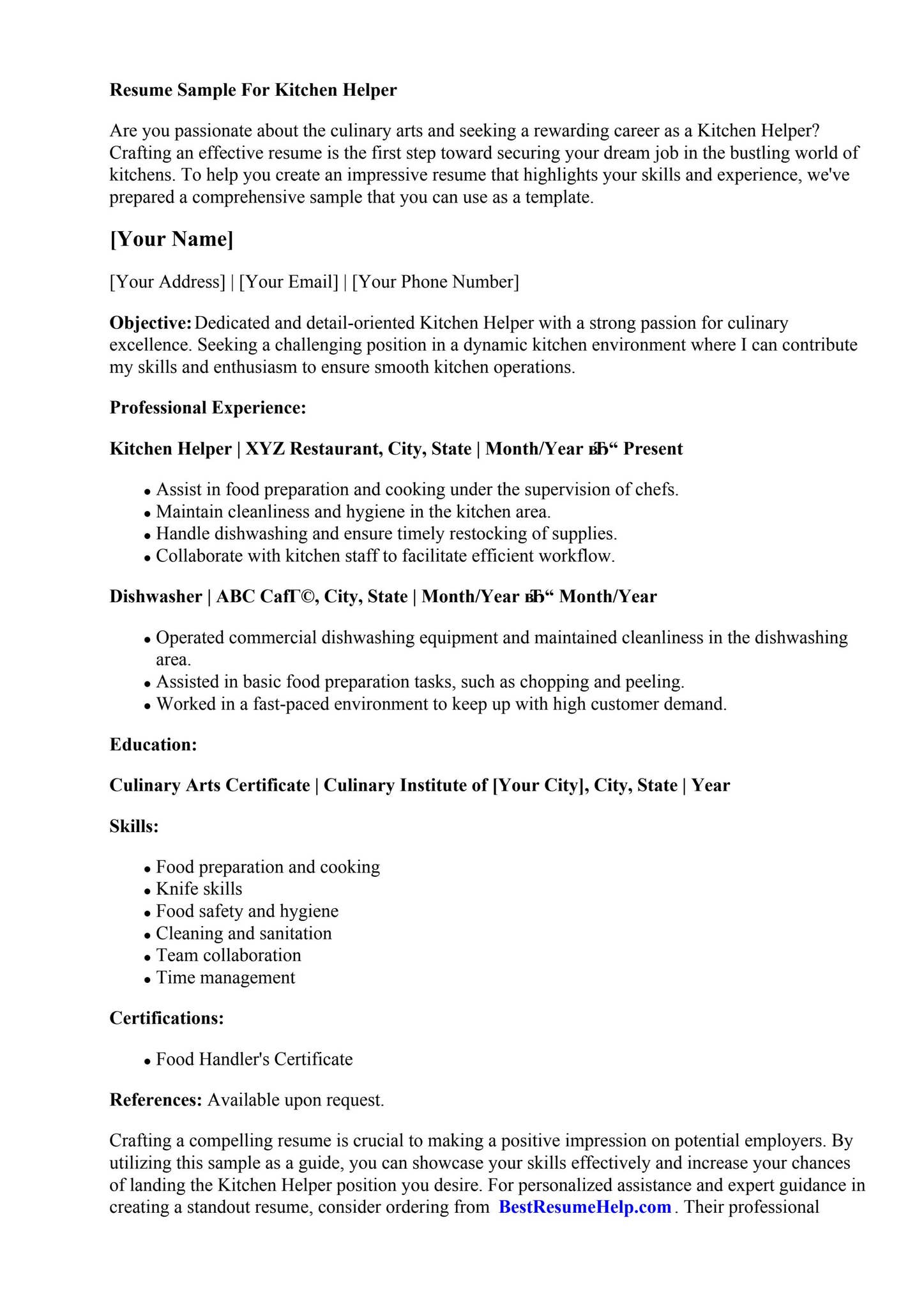 Kitchen Helper Samples Resume Sample For Kitchen Helper by Writing Scholarship Essay - Issuu