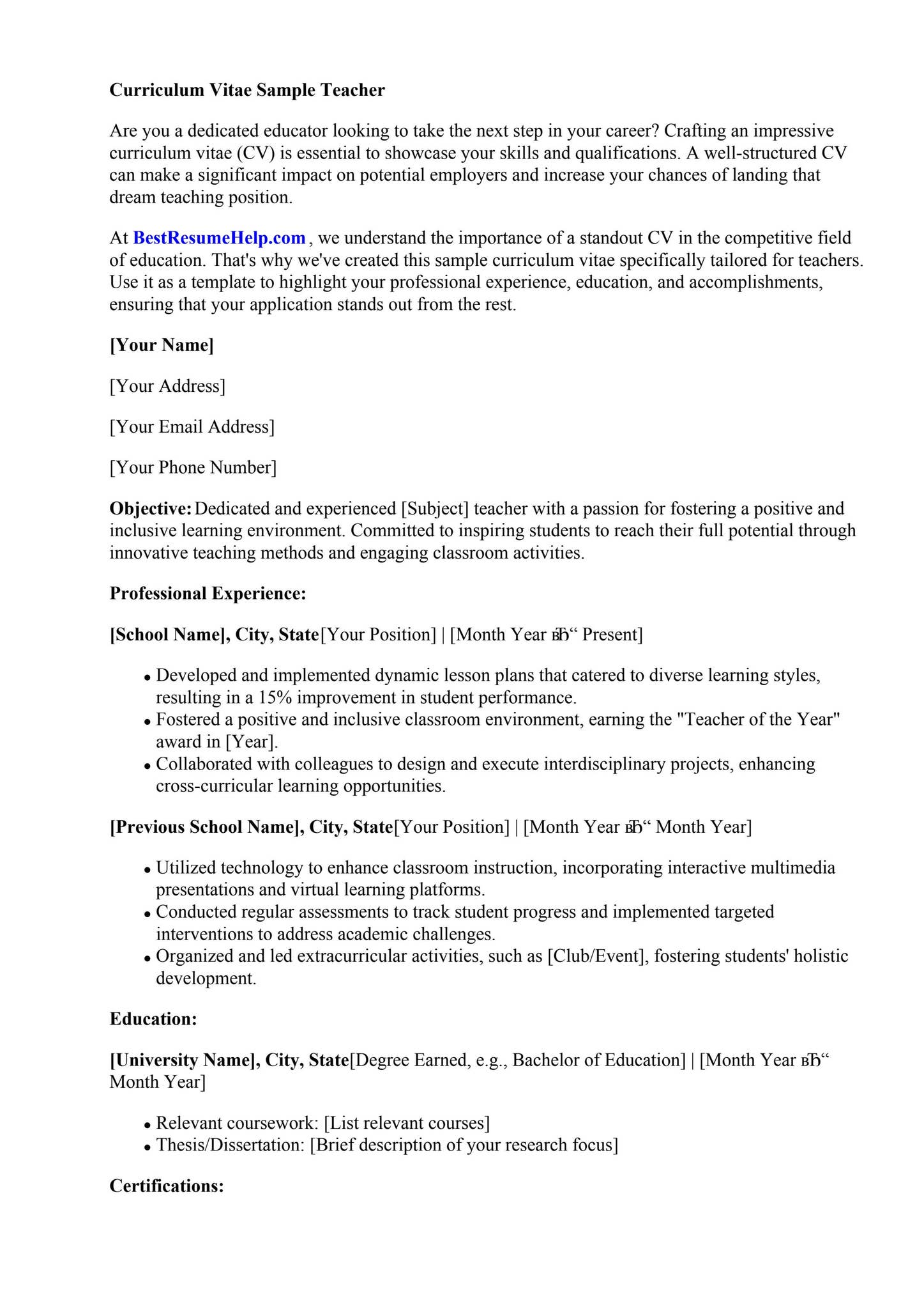 Curriculum Vitae Sample Teacher by Essay Writing For University - Issuu