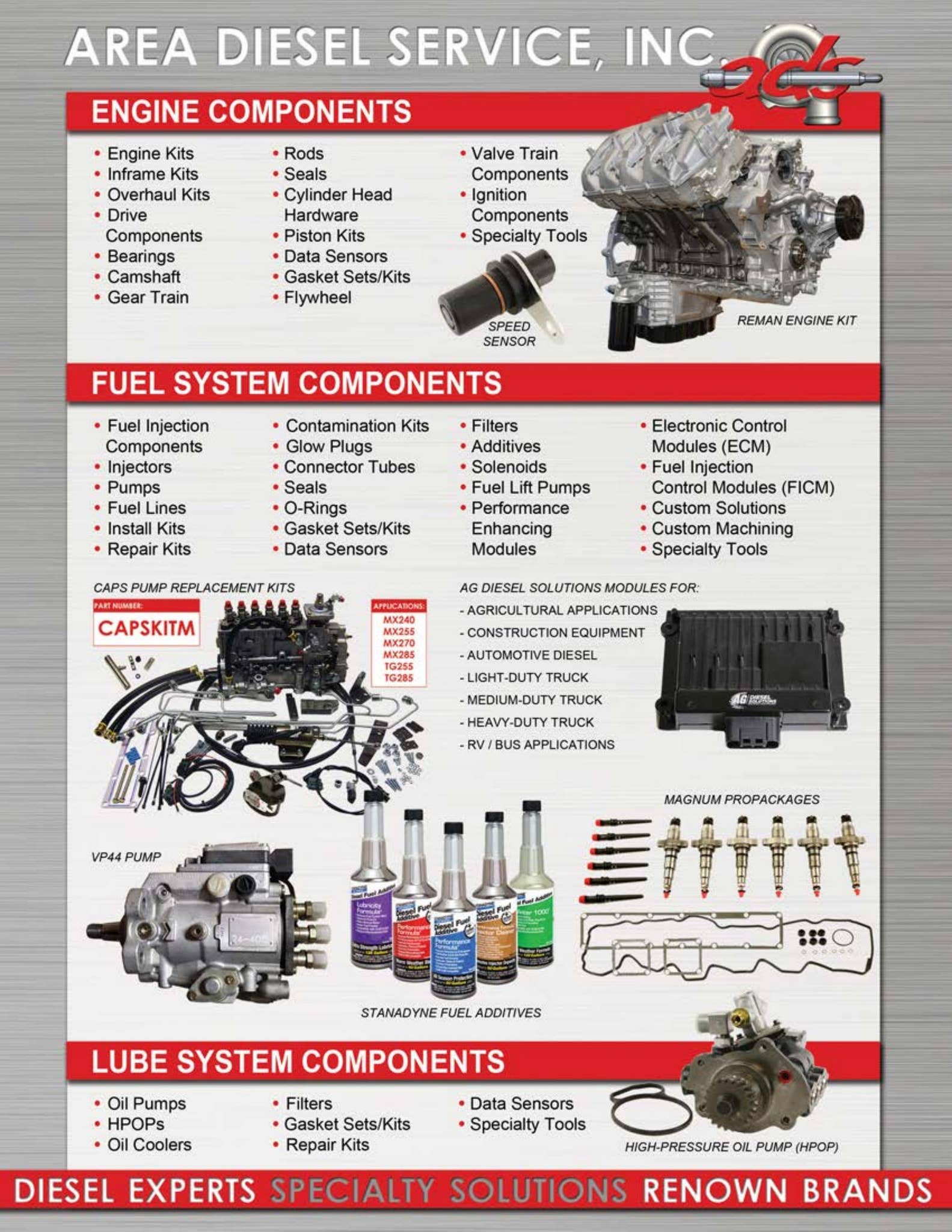 Area Diesel Service, Inc. Line Card - Diesel Experts, Specialty