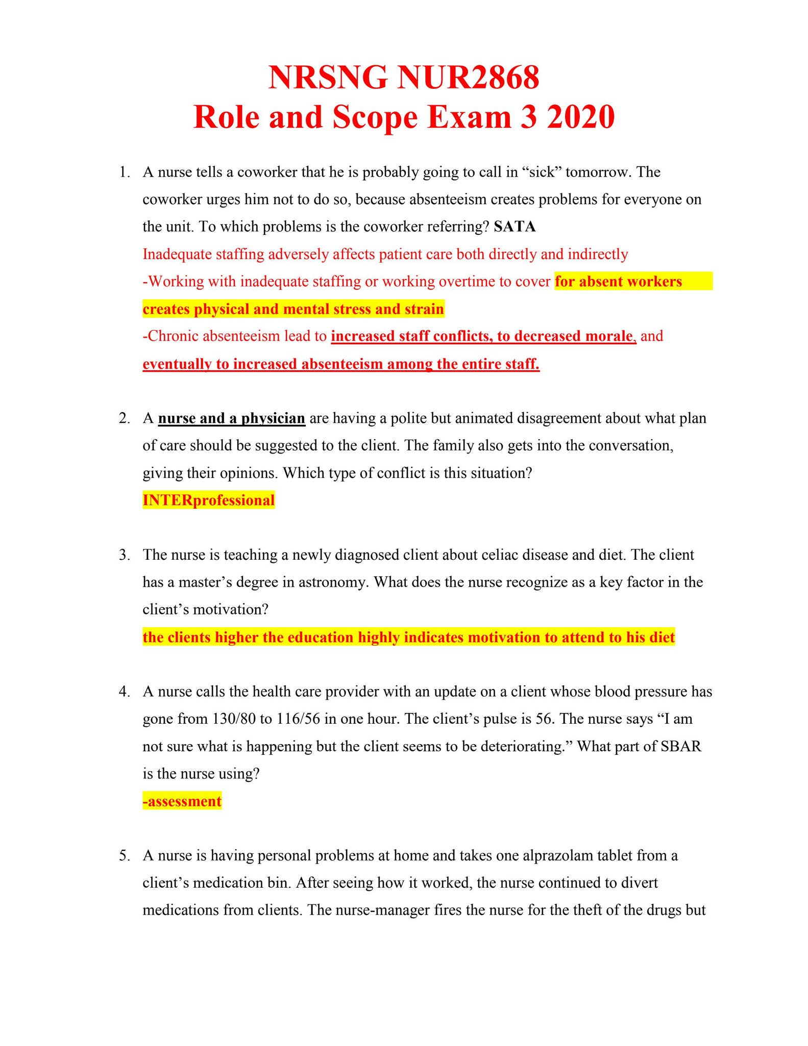 NUR2868 Role and Scope Exam 3 Scored 94%. Answers Highlighted by ...