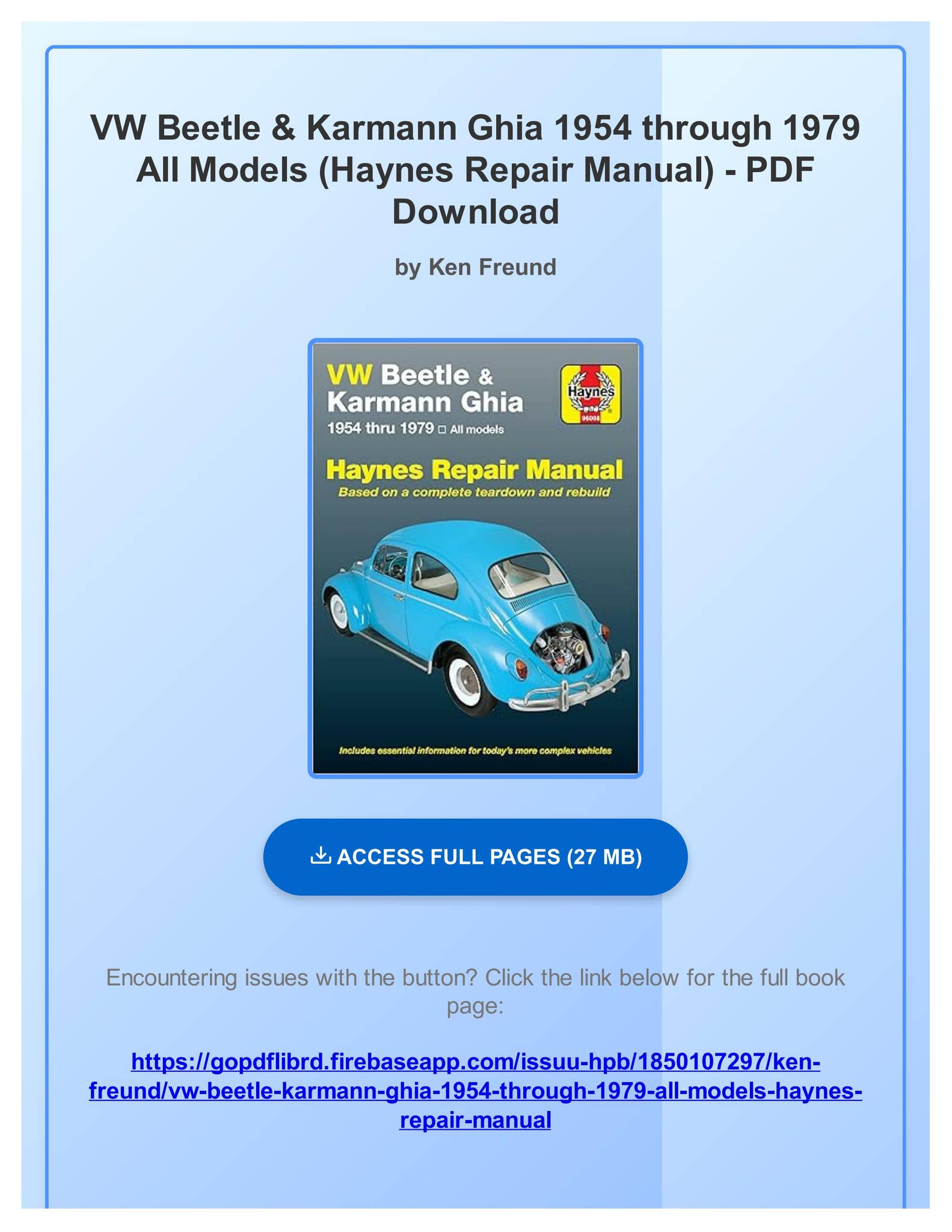 Download VW Beetle & Karmann Ghia 1954 through 1979 All