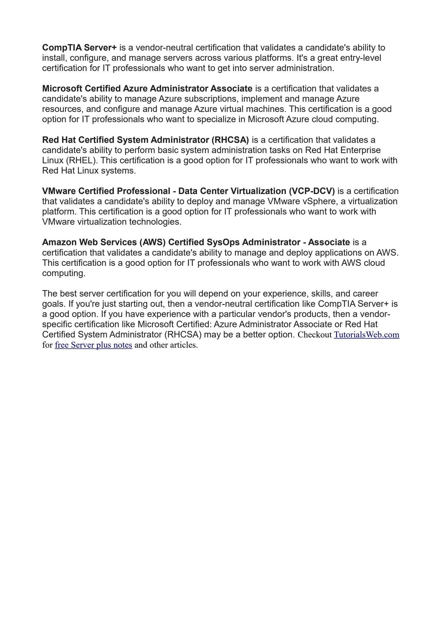 Career Certifications for Server Administrator by TutorialsWeb1 - Issuu