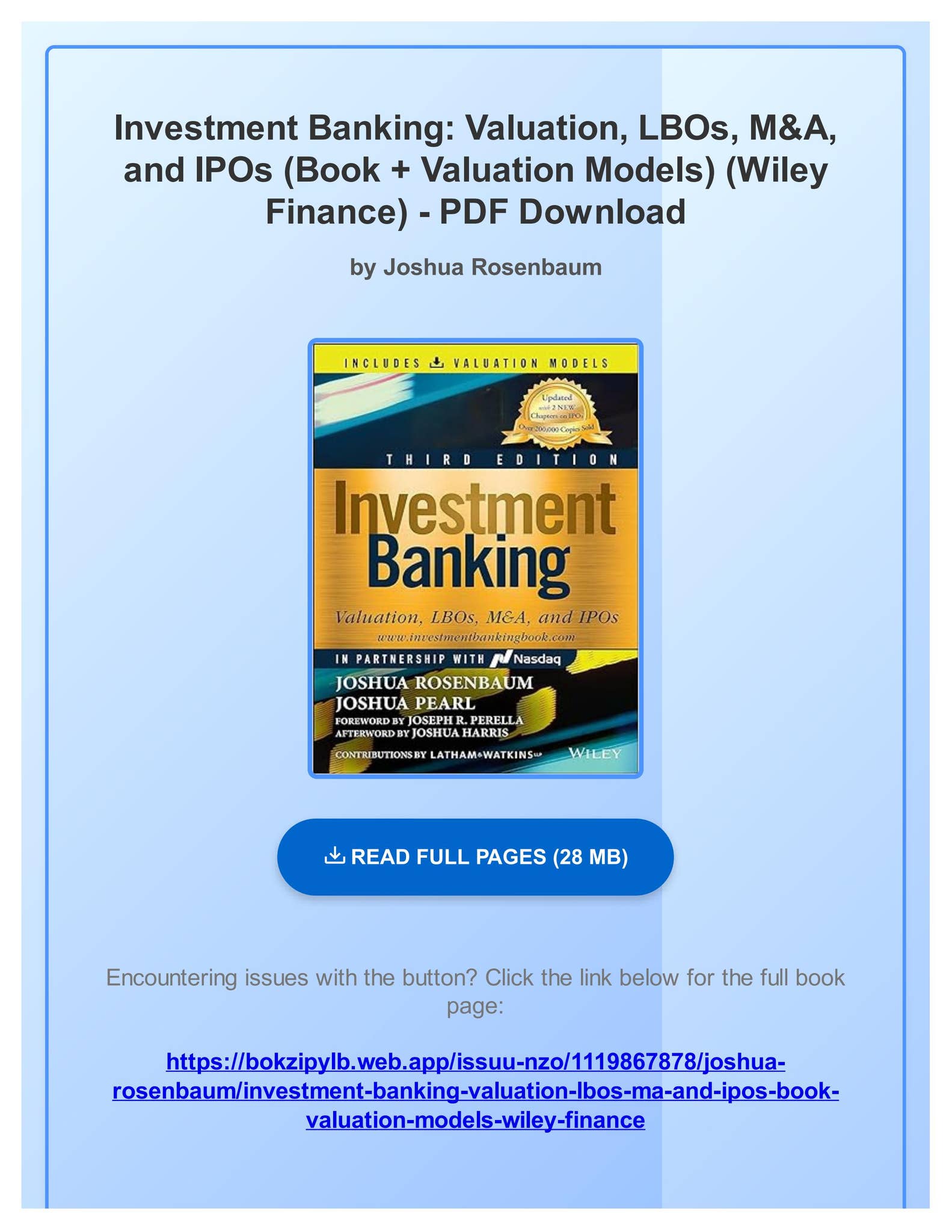 Investment Banking: Valuation， LBOs， M&amp;A， and IPOs (Wiley Finance) Investment Banking: Valuation, LBOs, M&A, and IPOs