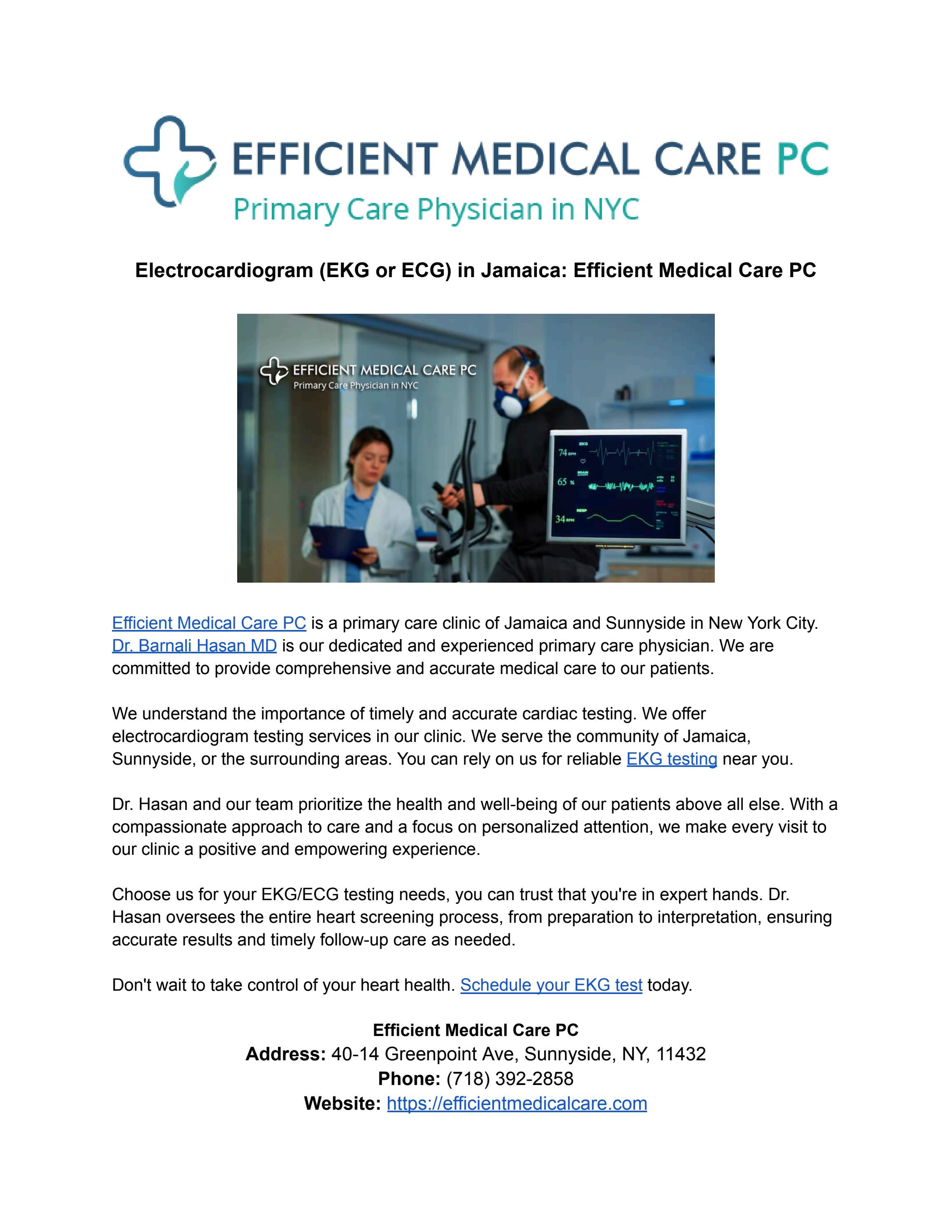 Electrocardiogram (EKG or ECG) in Jamaica Efficient Medical Care PC by