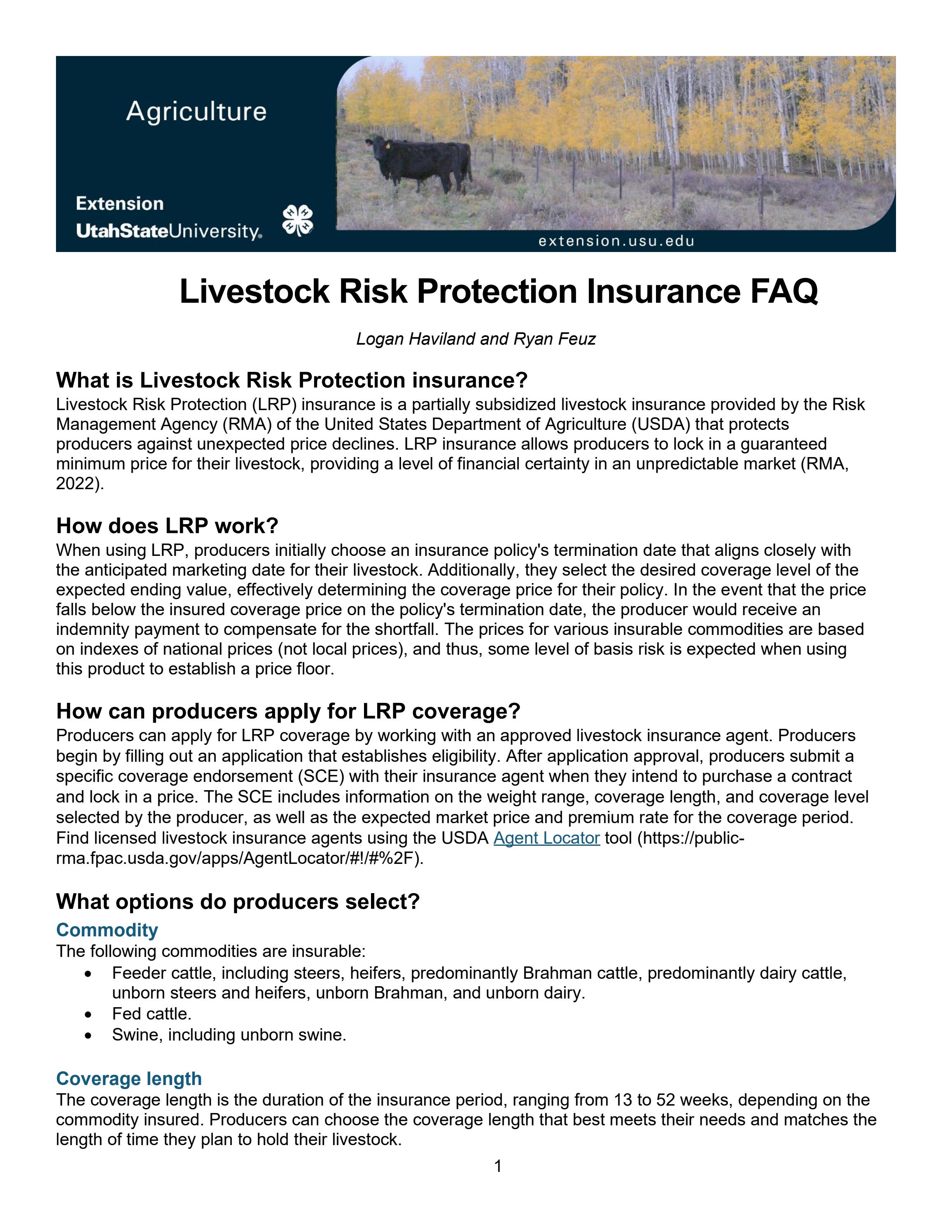 Livestock Risk Protection Insurance FAQ by Utah State University ...