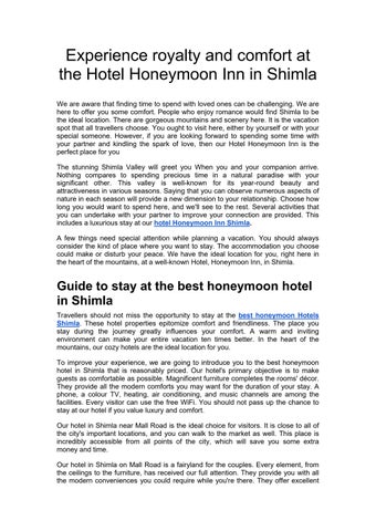 Experience royalty and comfort at the Hotel Honeymoon Inn in Shimla