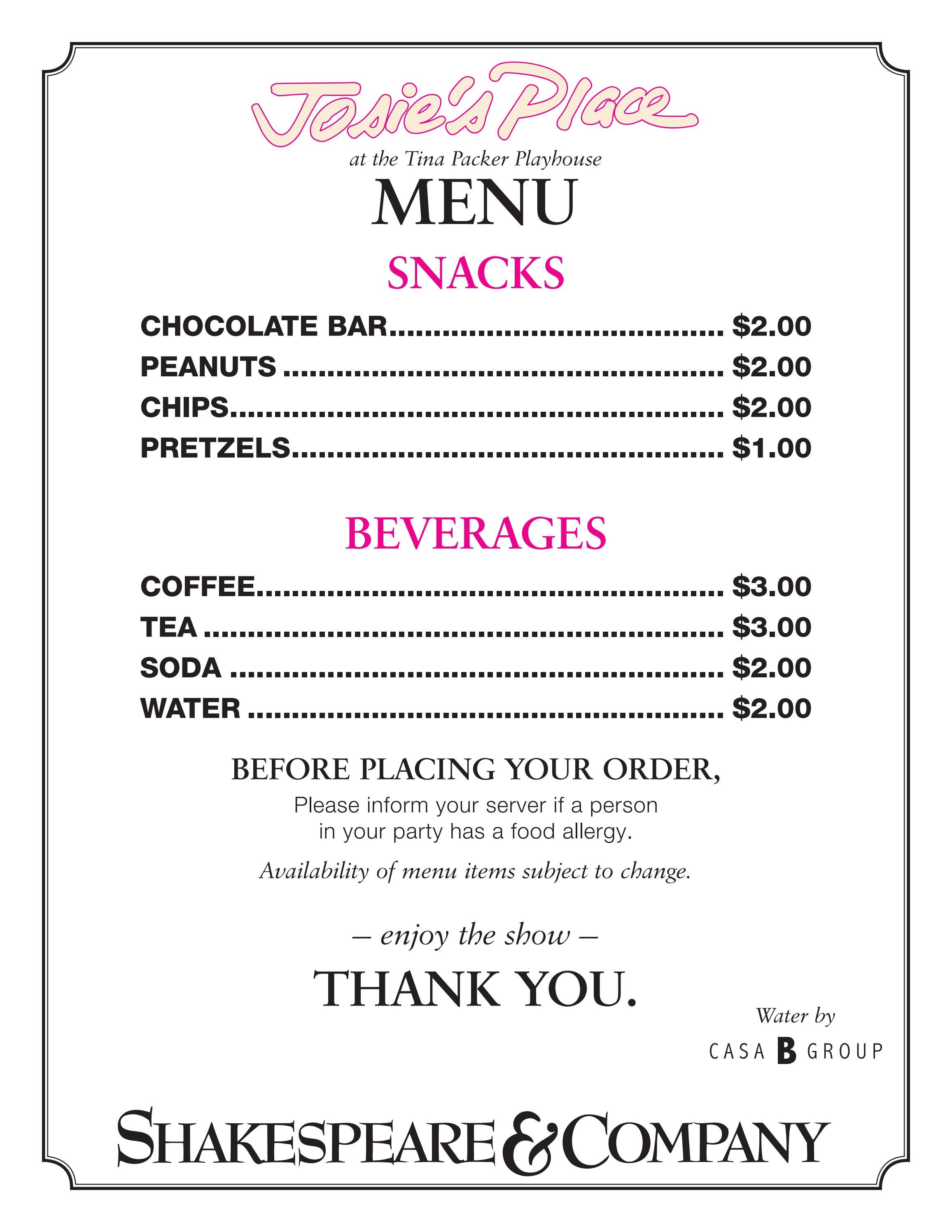Packer Inn Menu The Menu at Josie's Place at the Tina Packer Playhouse! by Shakespeare ...