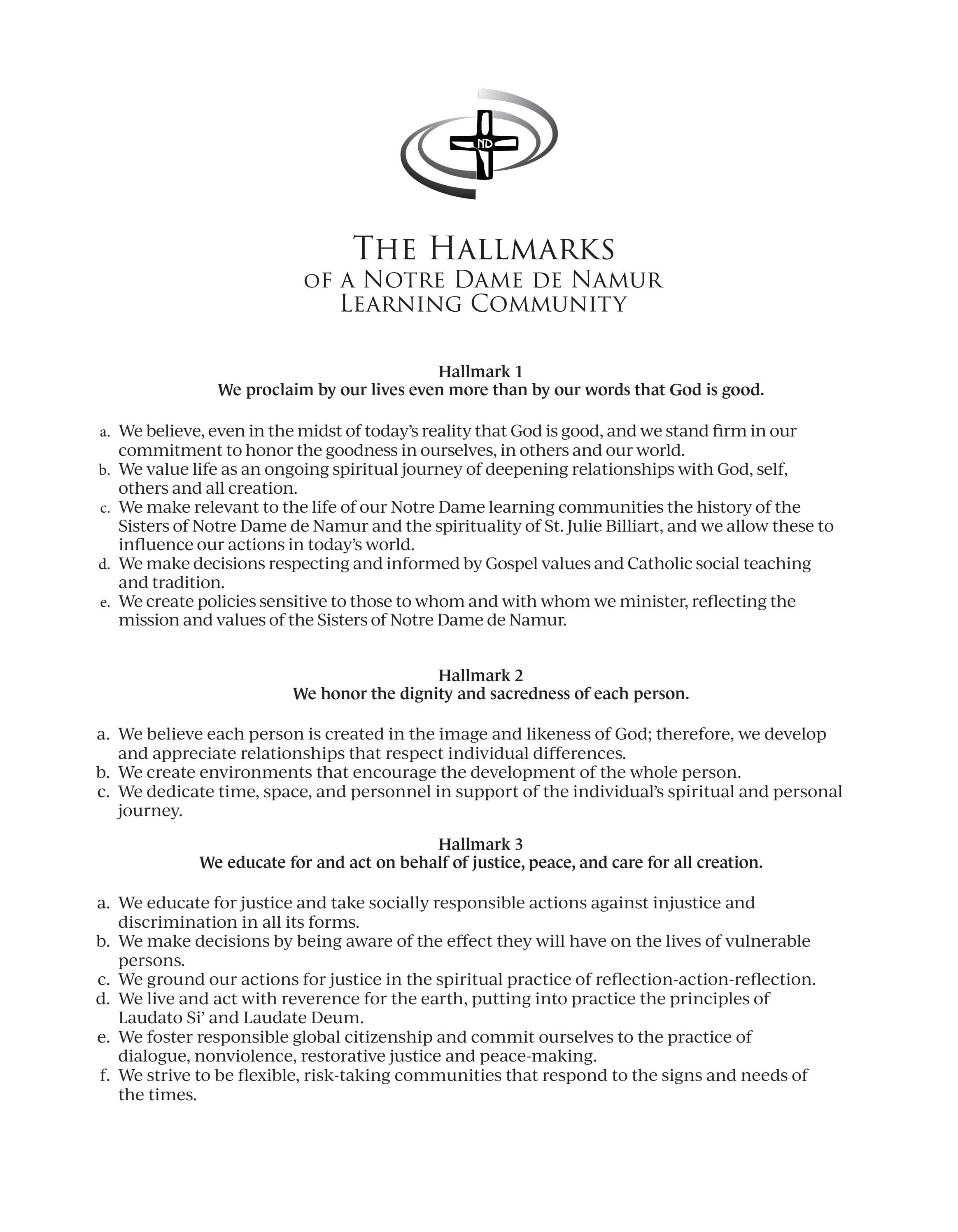 FLYER The Hallmarks of a Notre Dame de Namur Learning Community by