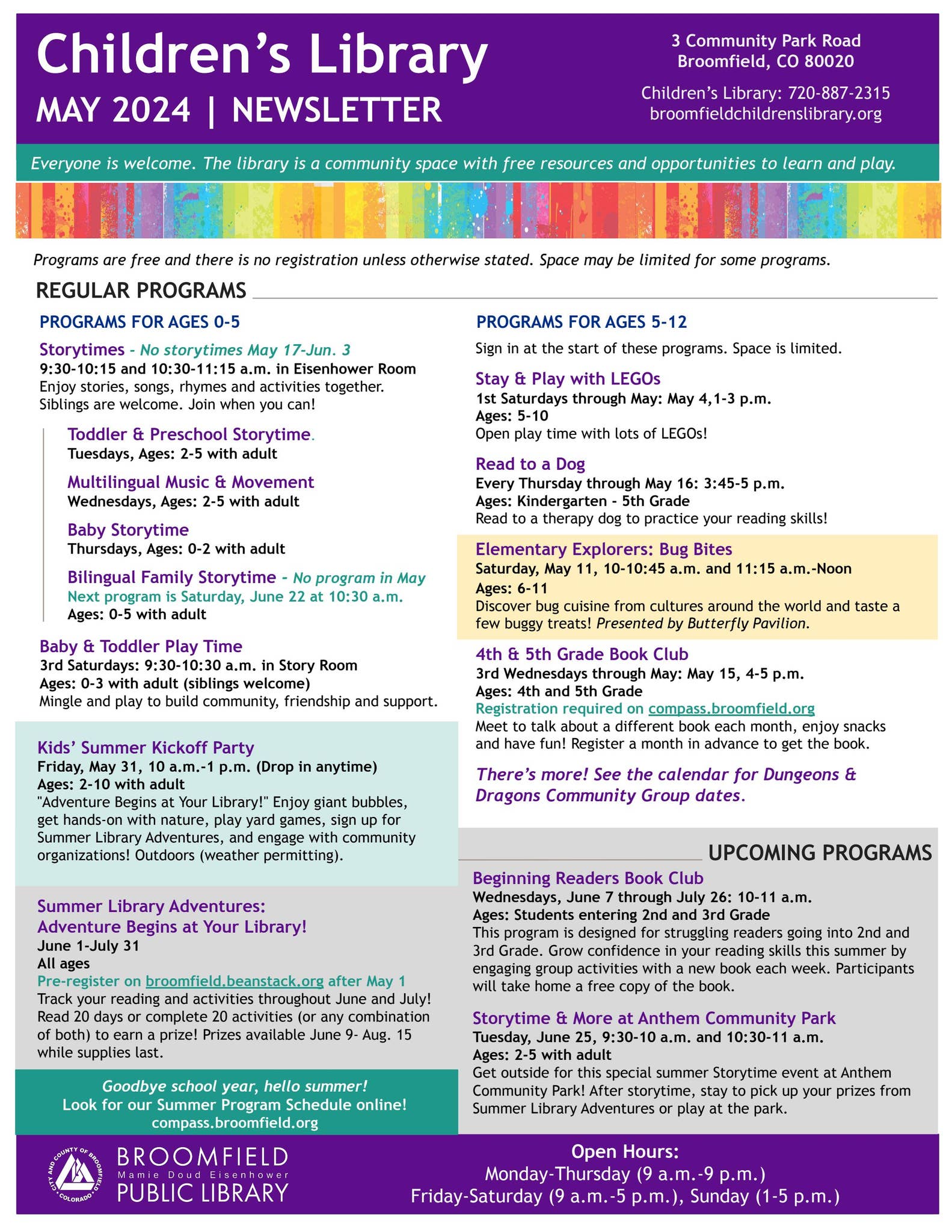 Broomfield Library Children's Newsletter May 2024 by City and County