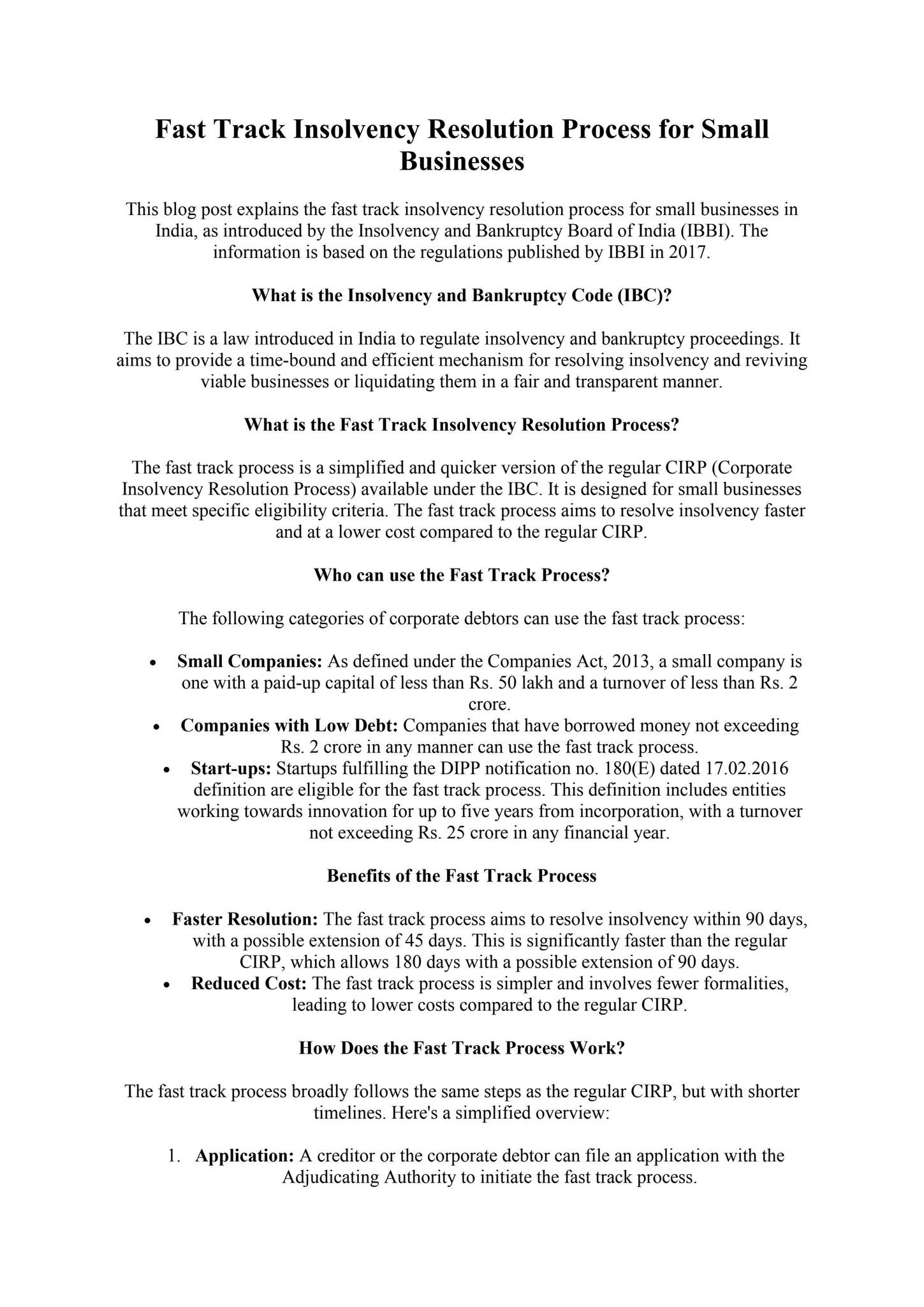 Fast Track Insolvency Resolution Process for Small Businesses by Shruti ...
