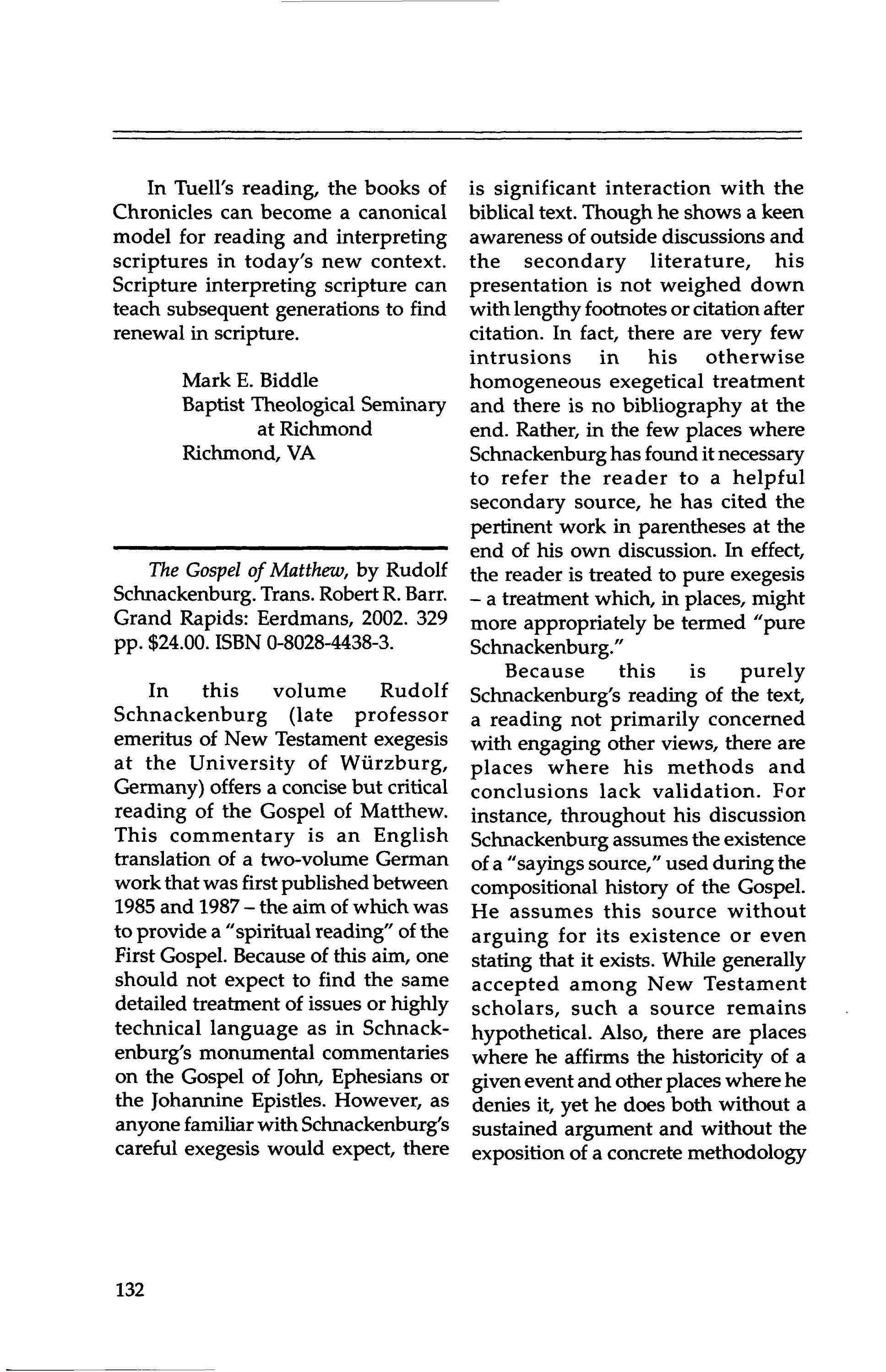 Review of The Gospel of Matthew by Rudolf Schnackenburg by demandside