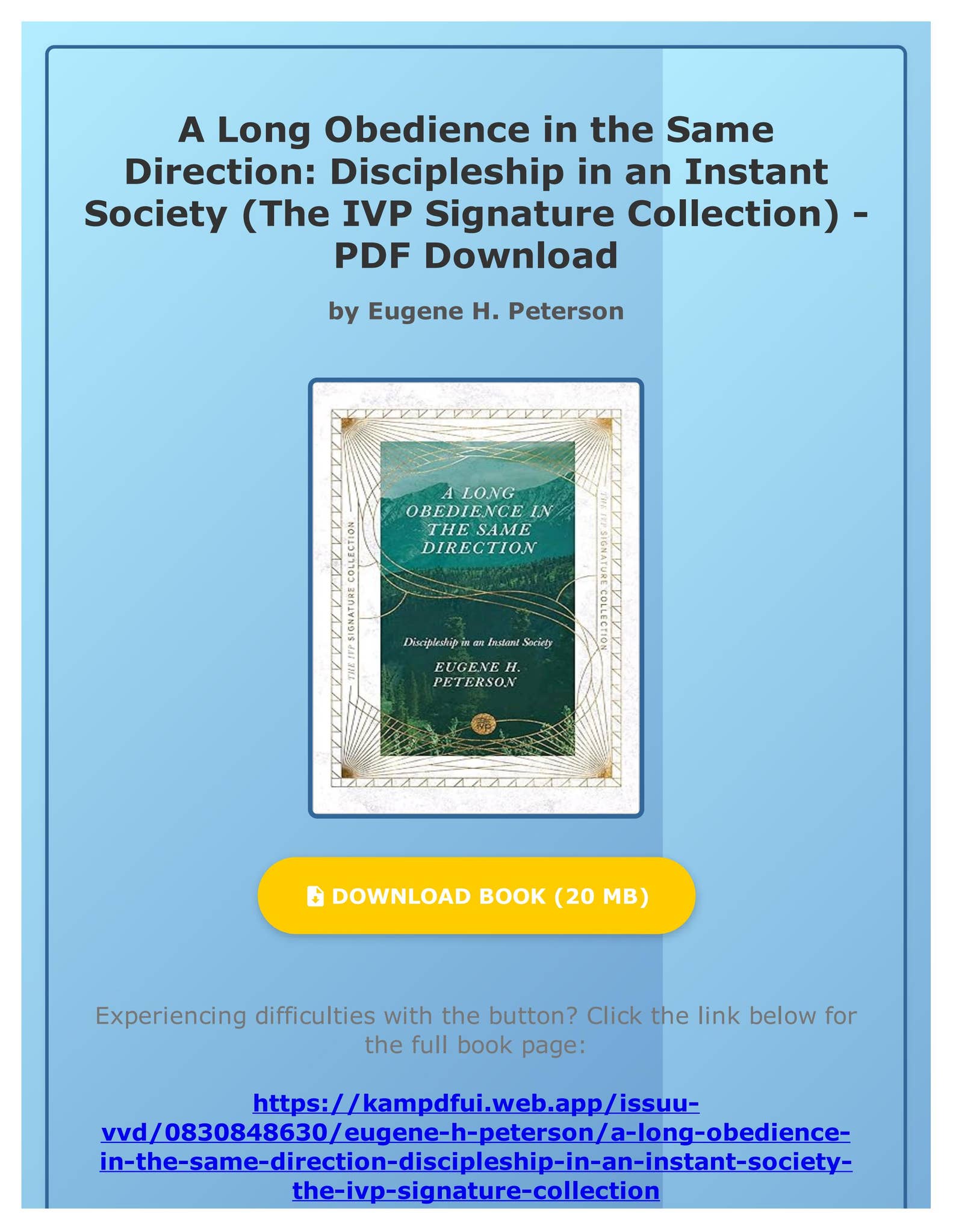 PDF A Long Obedience in the Same Direction: Discipleship in