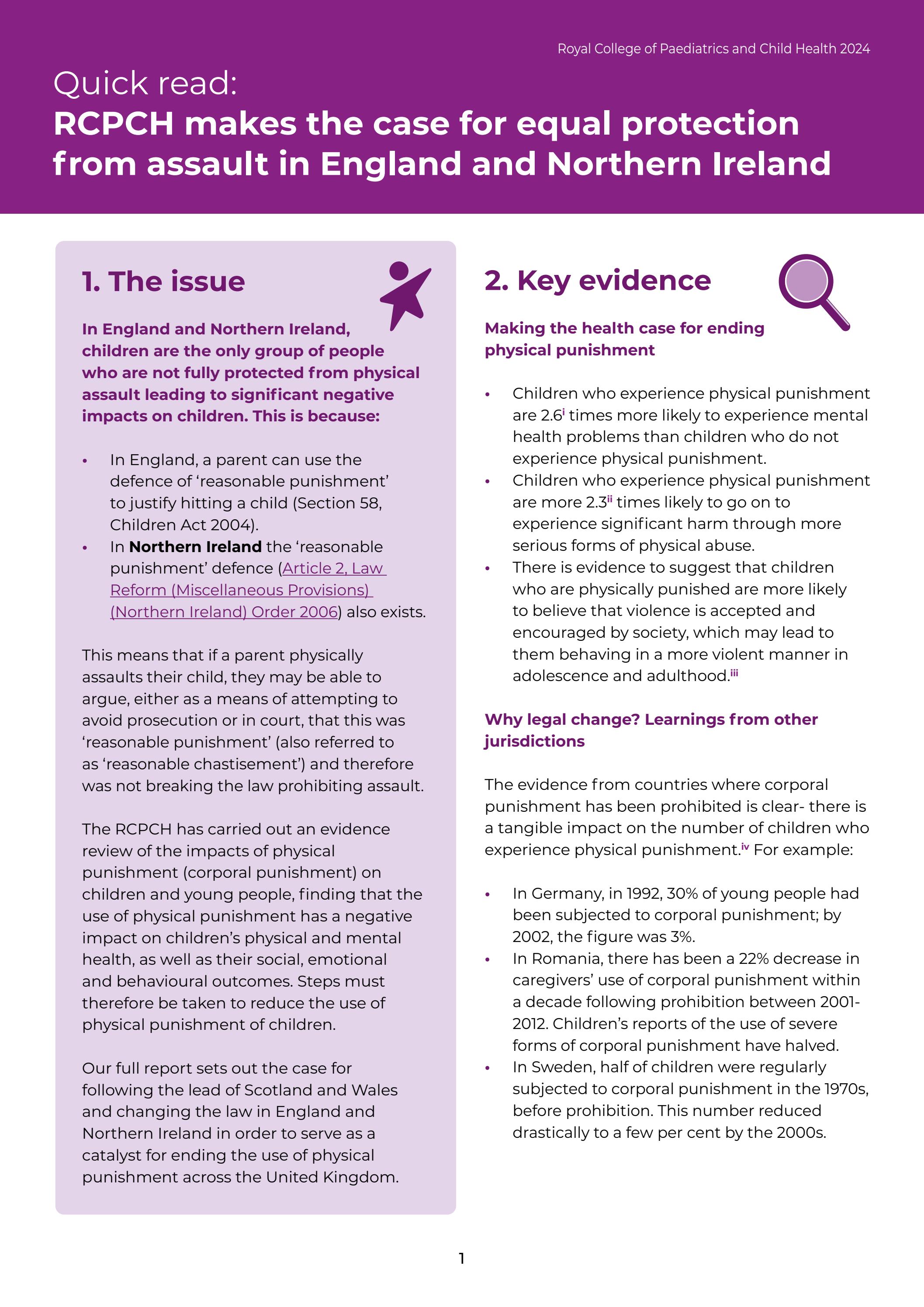Quick read RCPCH makes the case for equal protection from assault in