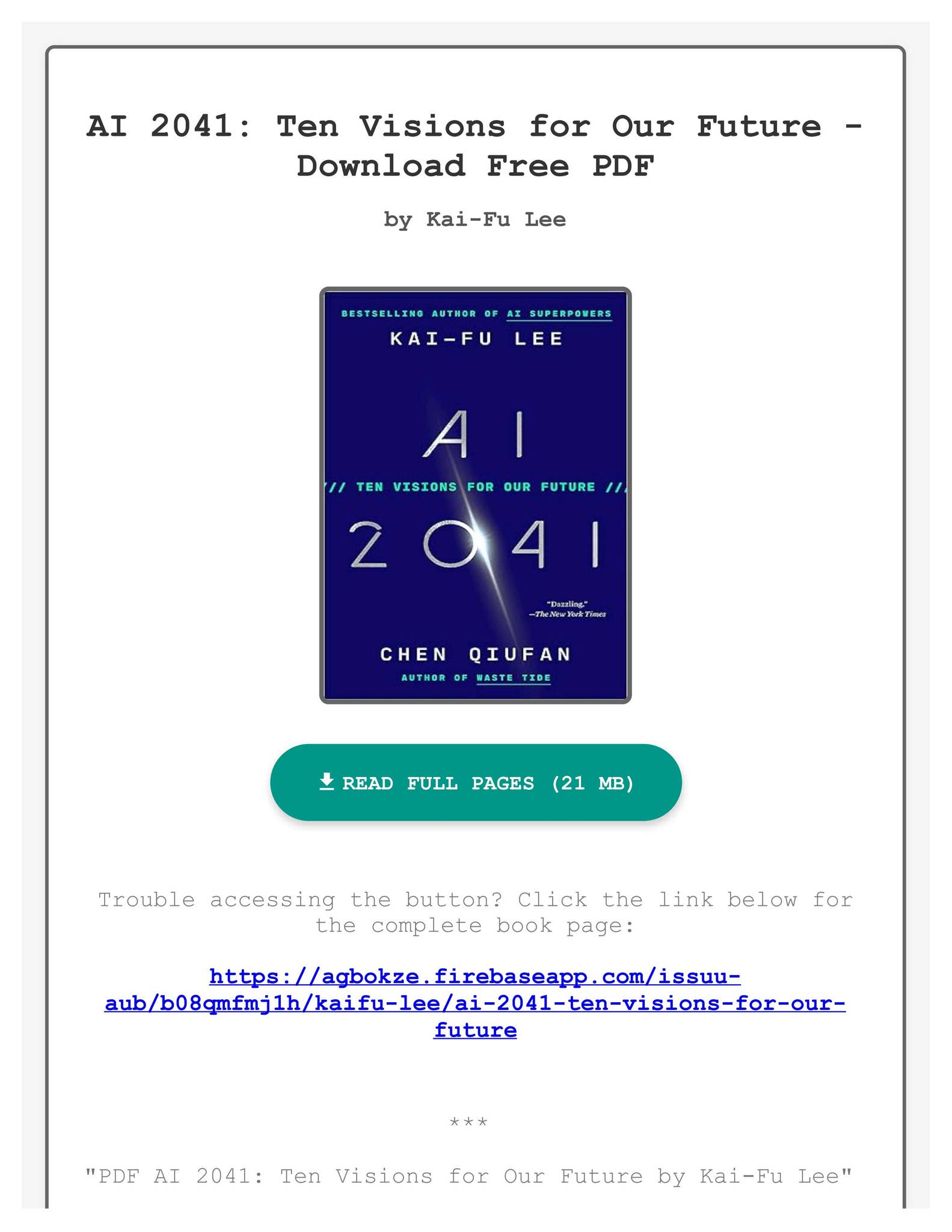 PDF AI 2041: Ten Visions for Our Future by Kai-Fu Lee by