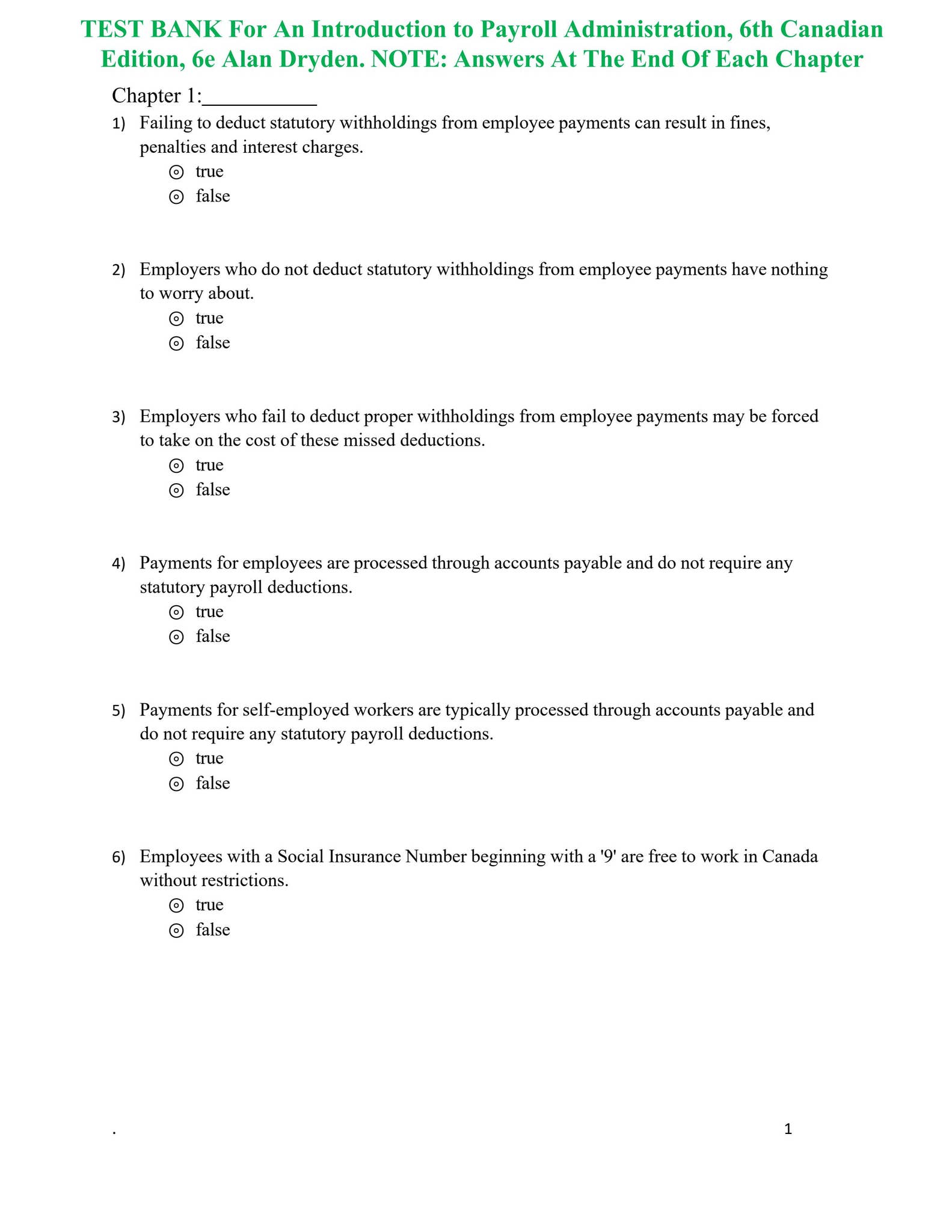 Test Bank For An Introduction To Payroll Administration 6th Canadian