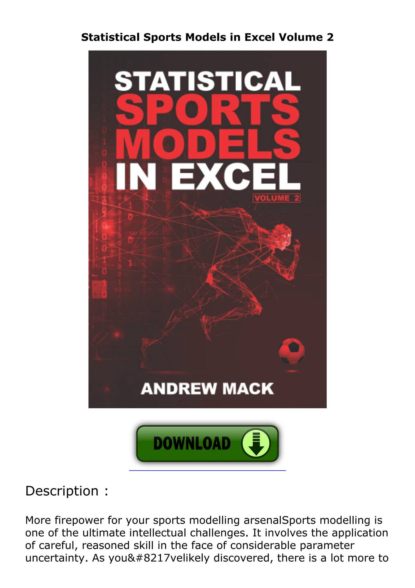 PDF(READonline) Statistical Sports Models in Excel Volume 2