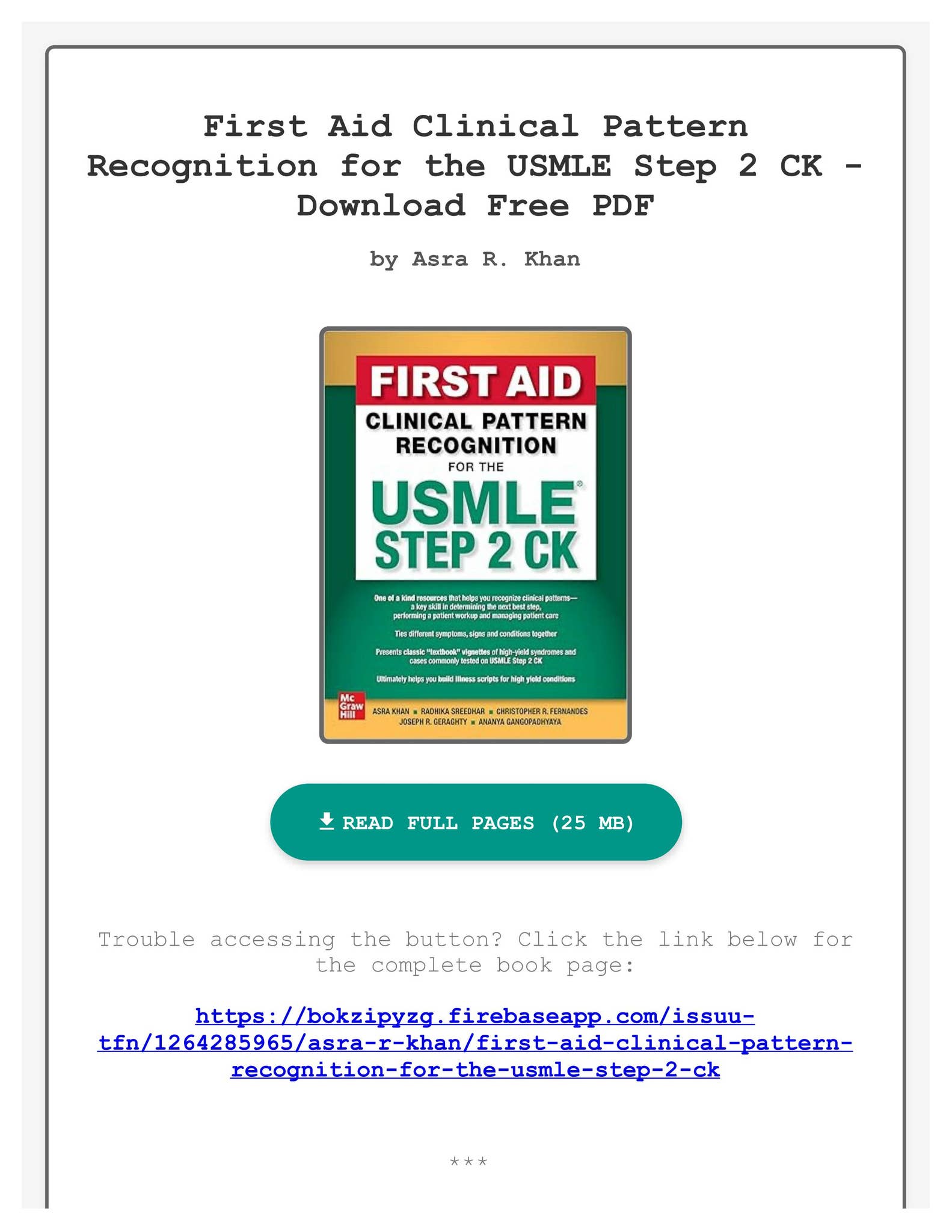 FREE) (PDF) First Aid Clinical Pattern Recognition for the
