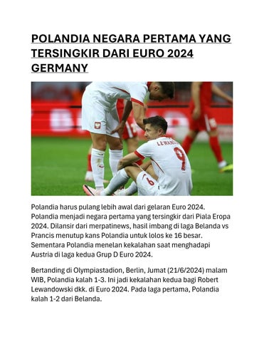 POLANDIA NEGARA PERTAMA YANG TERSINGKIR DARI WURO 2024 GERMANY