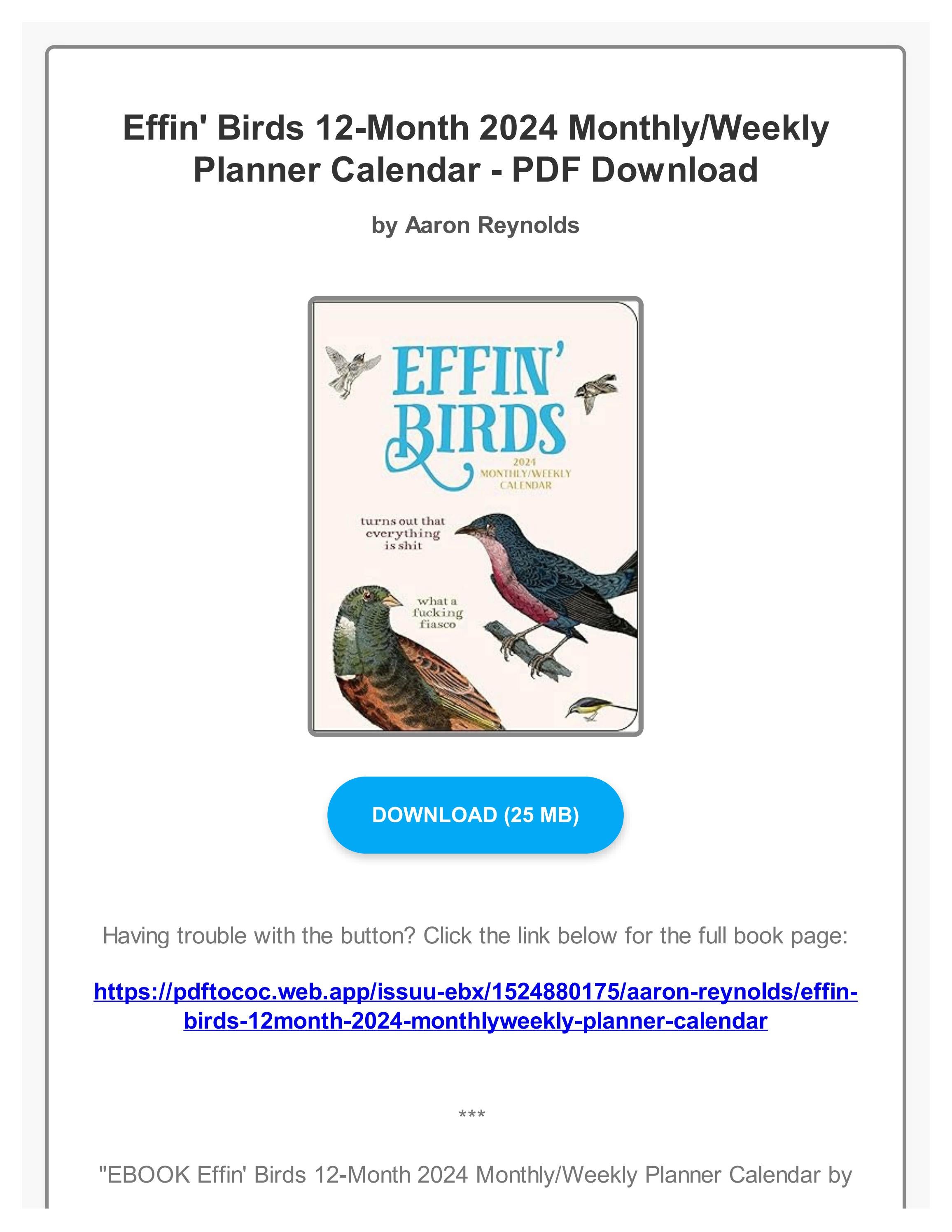 EBOOK Effin' Birds 12Month 2024 Monthly/Weekly Planner Calendar by