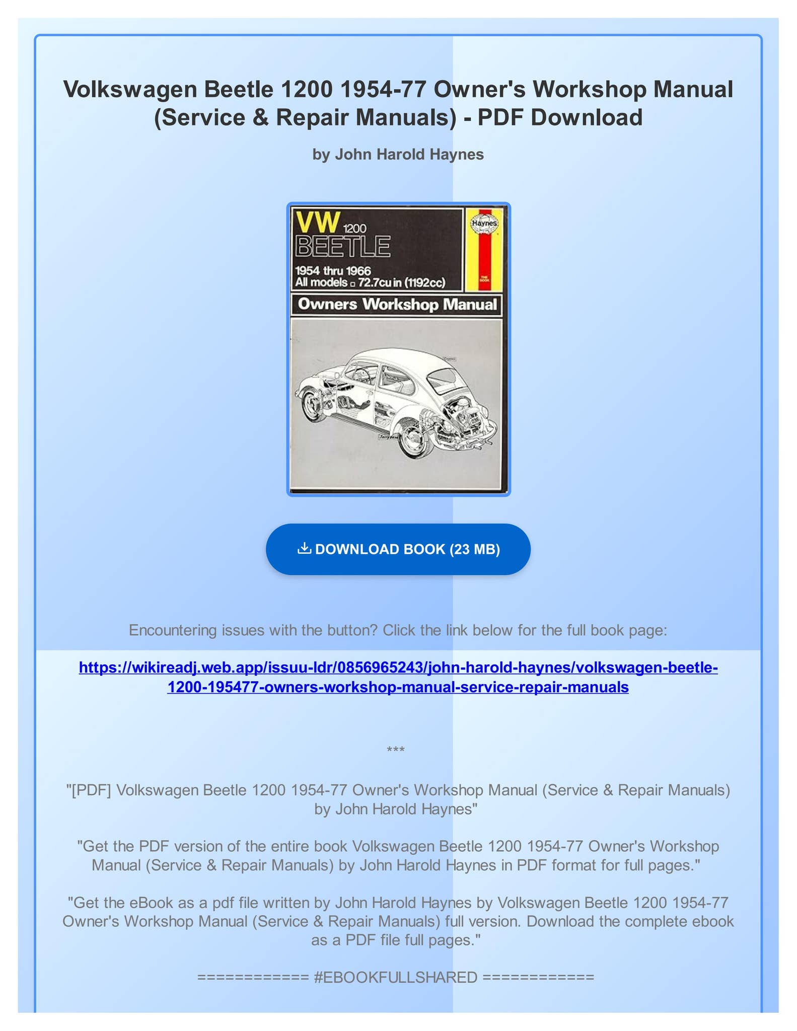 Haynes Restoration Manual VW Beetle 未使用品 Haynes Restoration Manual VW Beetle 未使用品 - メルカリ
