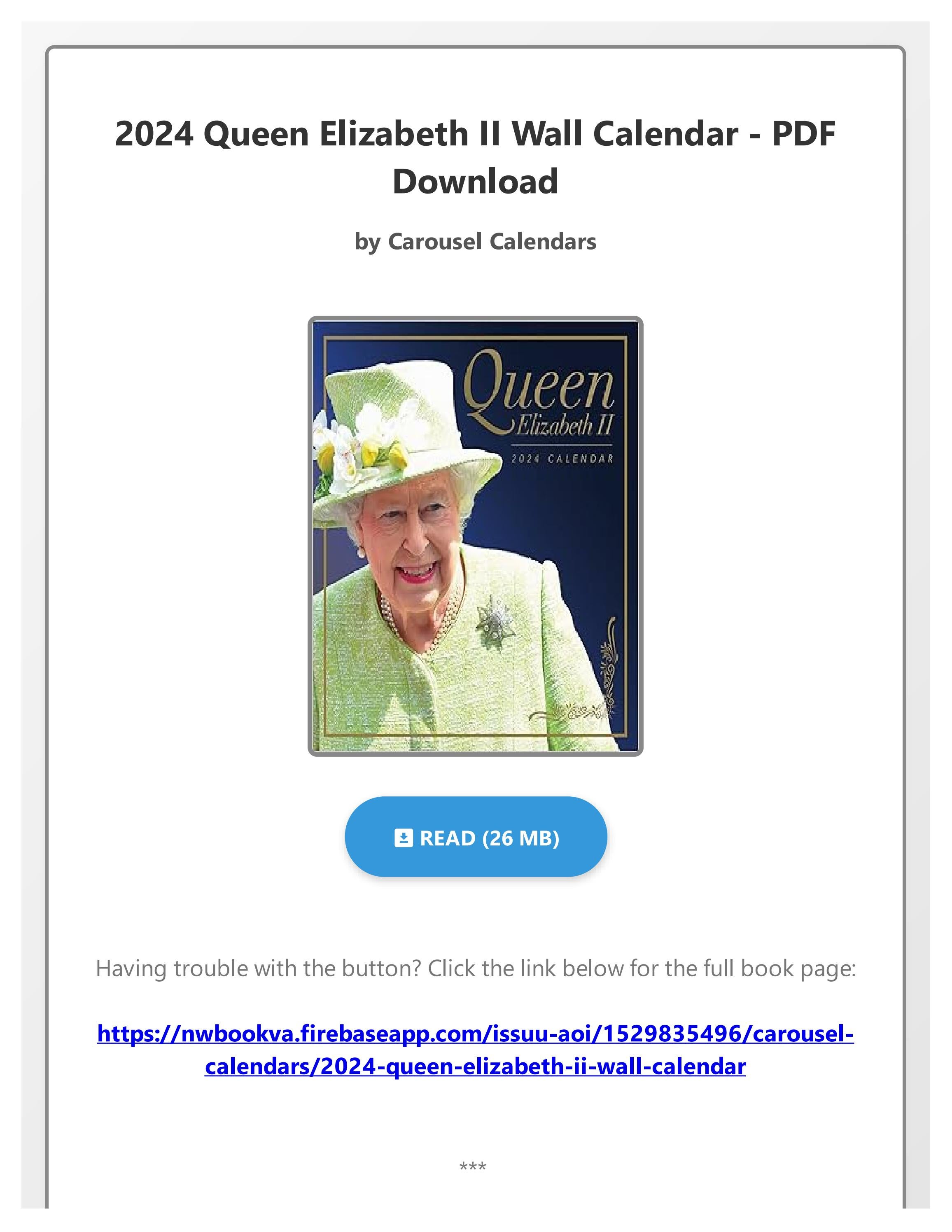 (EBOOK)(PDF) 2024 Queen Elizabeth II Wall Calendar by Carousel