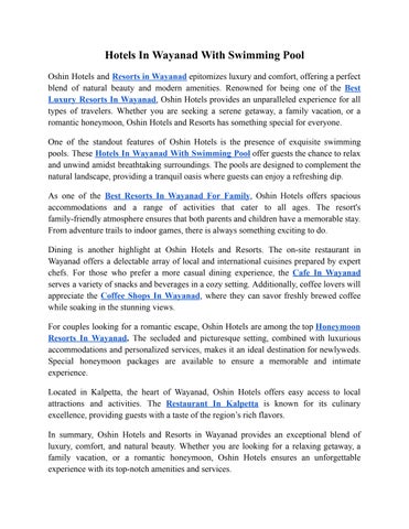 Hotels In Wayanad With Swimming Pool - Oshin Hotel Wayanad