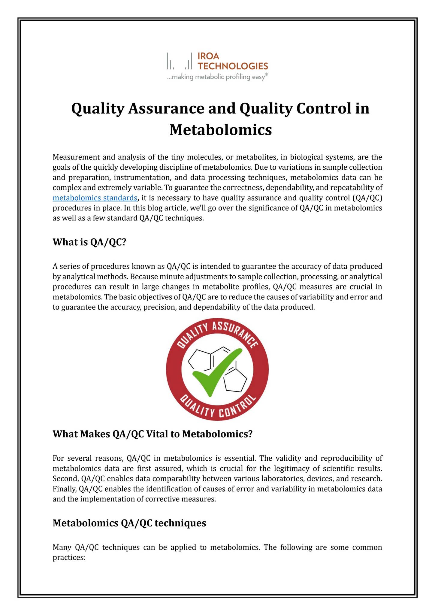 Quality Assurance and Quality Control in Metabolomics by IROA ...
