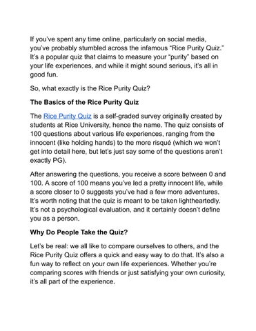 Understanding the Rice Purity Quiz: A Fun Dive into Innocence and Experience