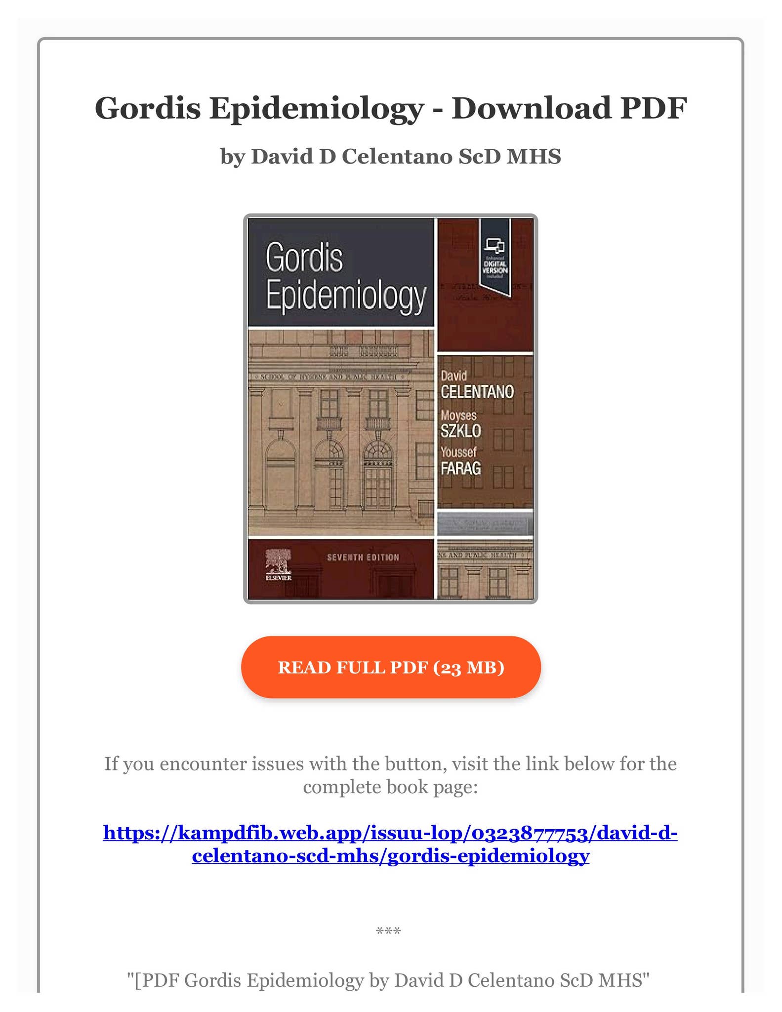PDF Gordis Epidemiology by David D Celentano ScD MHS by