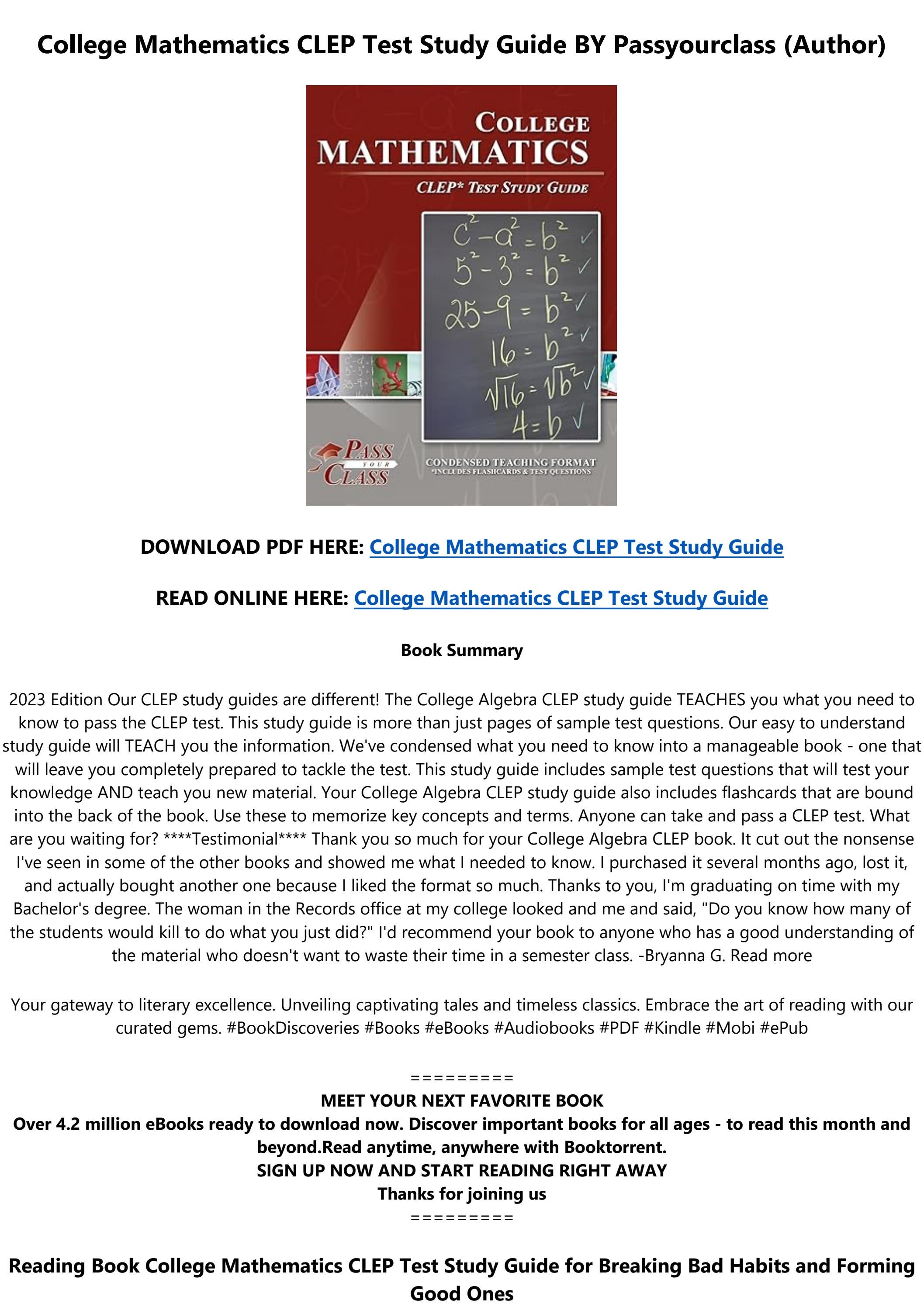 Pdf ebook college mathematics clep test study guide by passyourclass